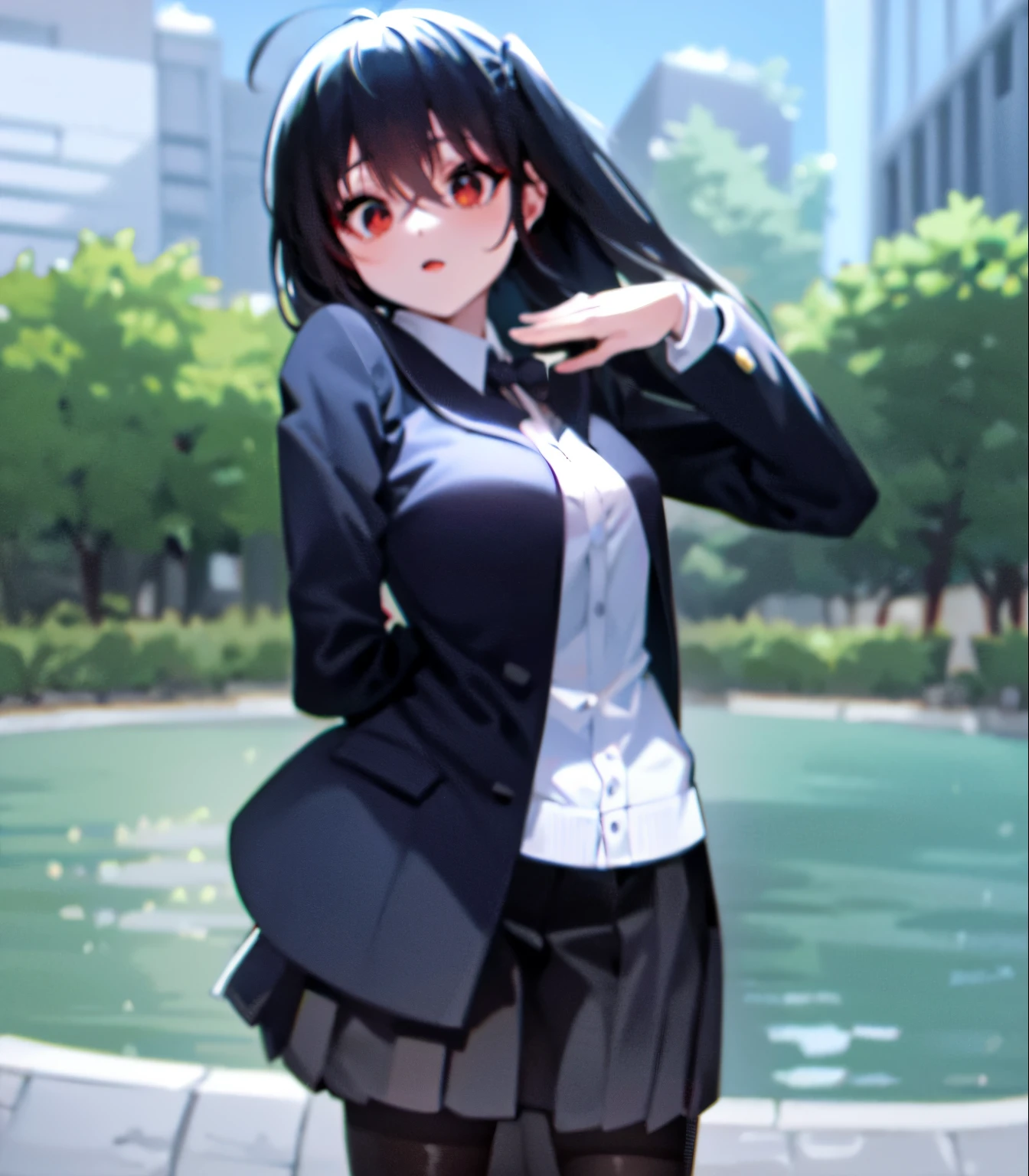 Garota anime em uma saia curta e jaqueta posando para uma foto, iwakura deitado, estilo de arte anime moe, melhor garota de anime, cute anime high school girl, magic school student uniform, garota de anime chamada Lucy, Hinata Hyuuga, ela tem cabelo preto com franja, garota de anime usando um vestido preto, uma garota de anime, Uniforme JK