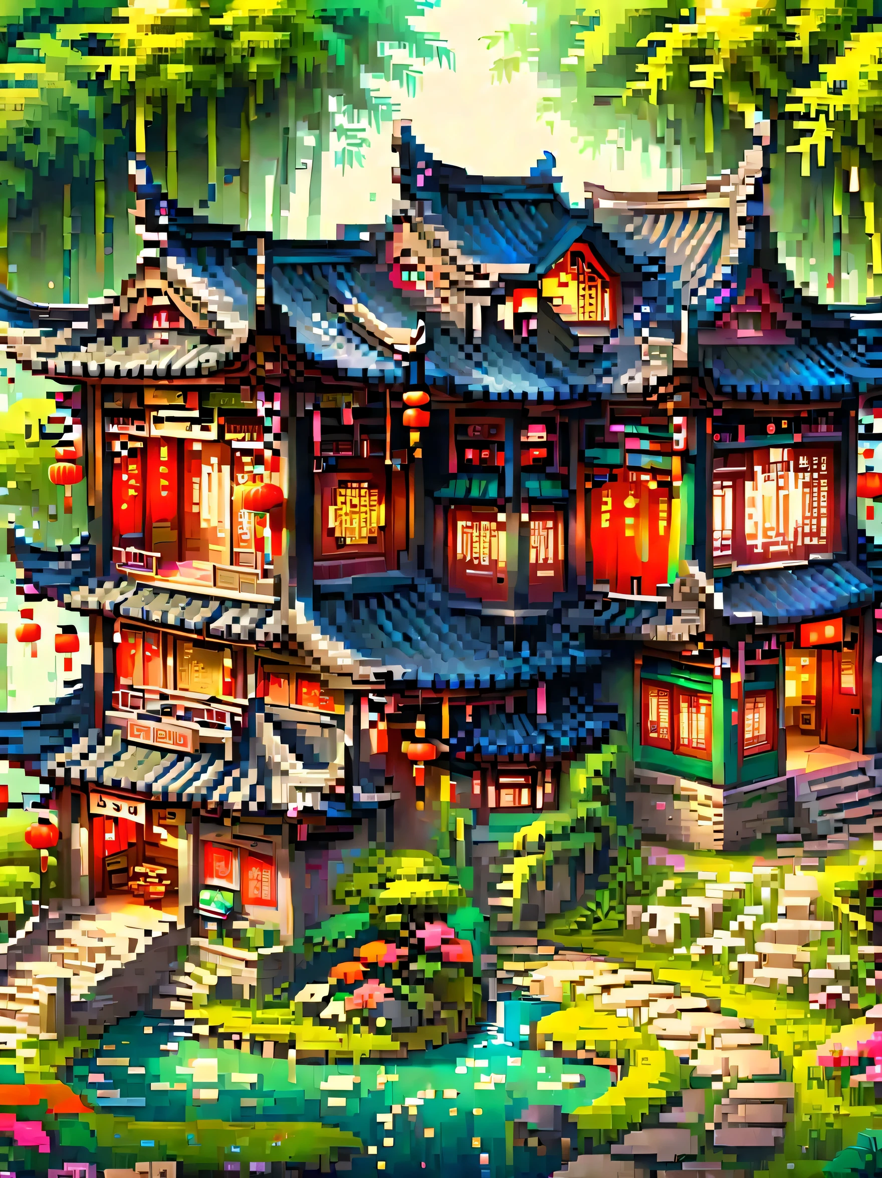 (masterpiece, best quality:1.2), ancient chinese house，bright colors，traditional building，bamboo forest，Black tile roof，Flower path，3d，(Aerial view)，((ox仔:1.5))，((pedestrian))，((ox))，((swallow))