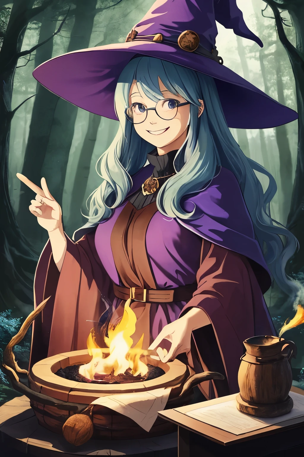 woman in her 50s, smiling, with long blue hair, brown witch's hat, purple clothes, white glasses, in front of a witch's cauldron, from which colored smoke comes out. in the background a magical forest environment.


