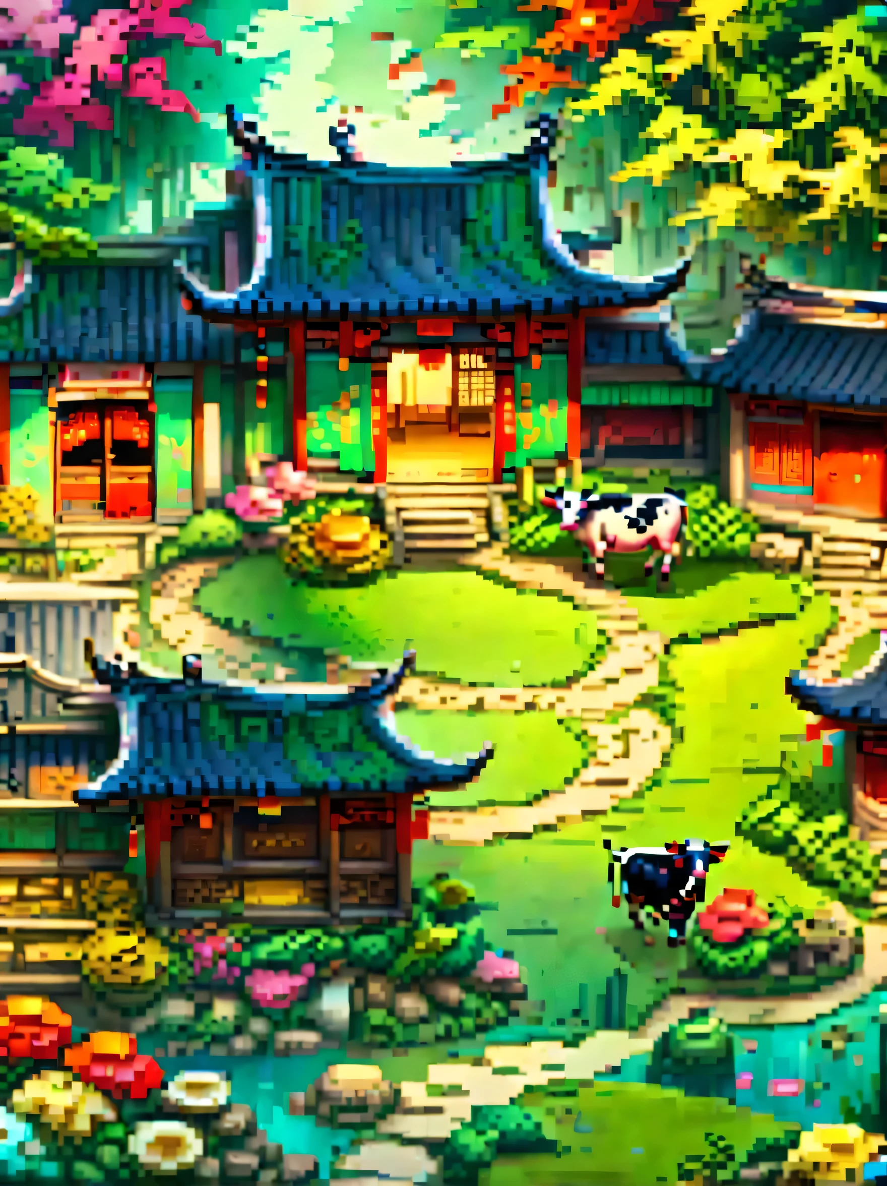 (masterpiece, best quality:1.2), ancient chinese house，bright colors，traditional building，bamboo forest，Flower path，3d，(Aerial view:1.8)，((一个放ox的孩子:1.5))，((pedestrian))，((ox))，((swallow))
