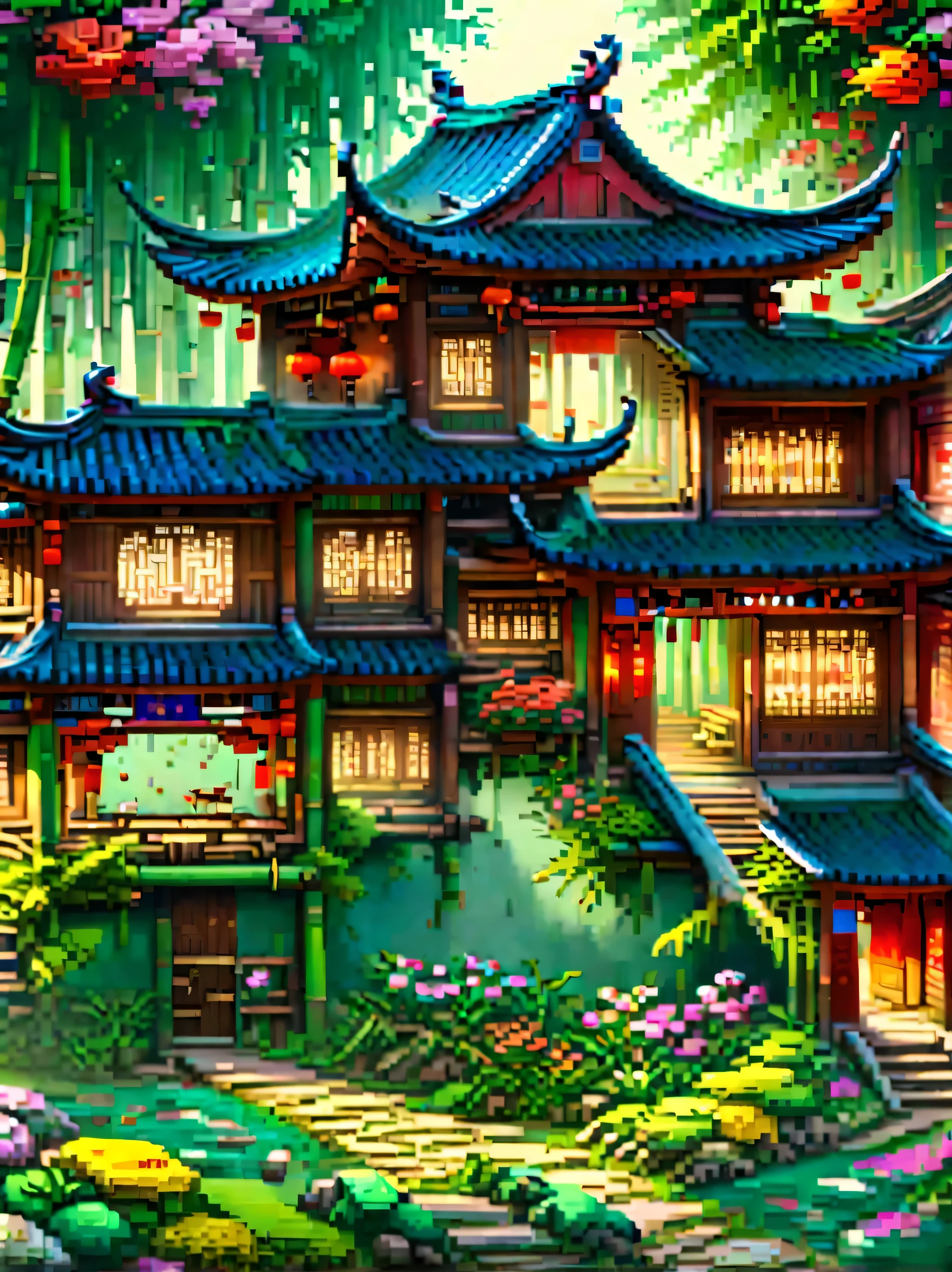 (masterpiece, best quality:1.2), ancient chinese house，bright colors，traditional building，bamboo forest，Flower path，3d，(Aerial view:1.8)，((一个放ox的孩子:1.5))，((pedestrian))，((ox))，((swallow))