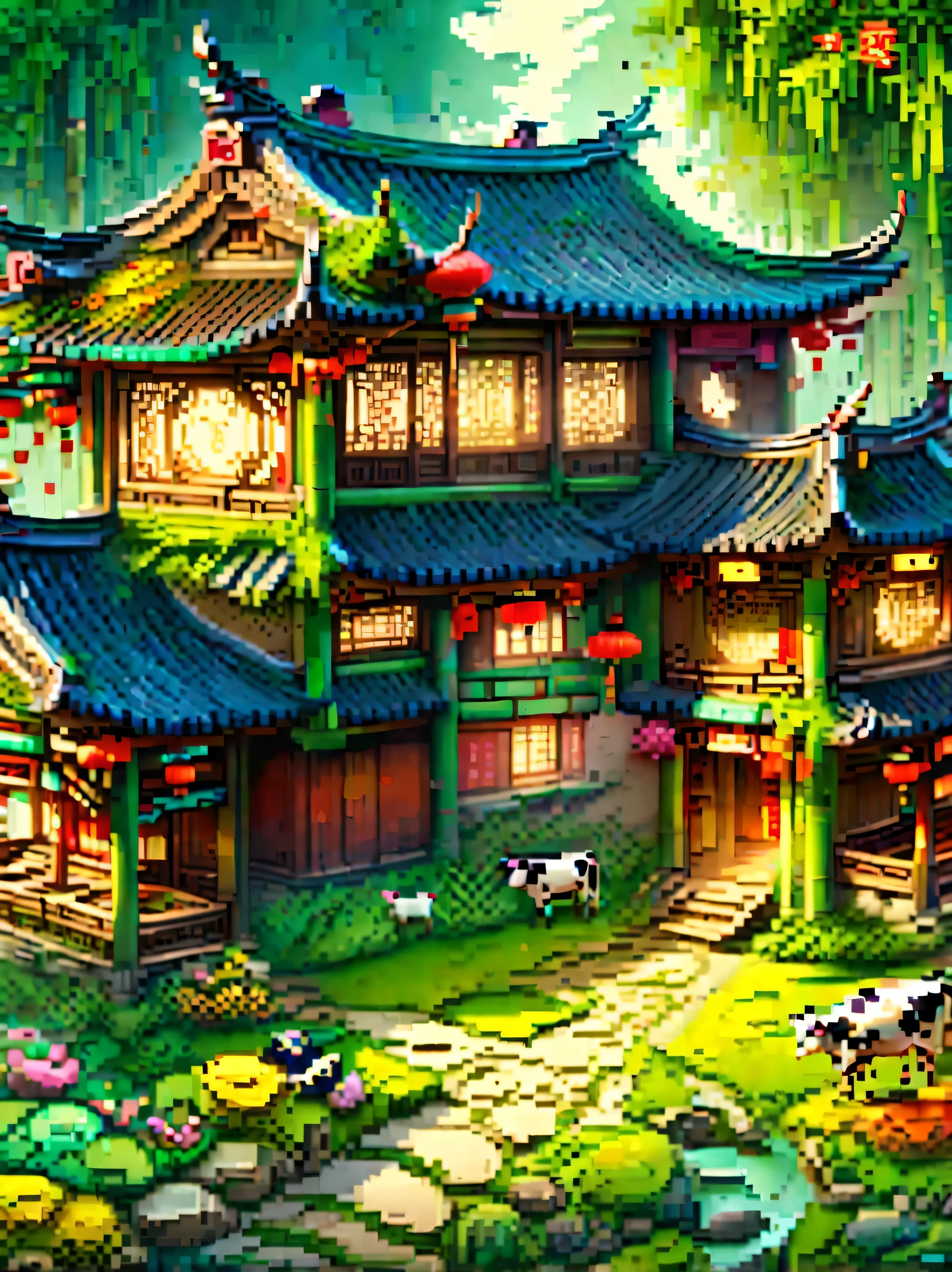 (masterpiece, best quality:1.2), ancient chinese house,bright colors,traditional building,bamboo forest,Flower path,3d,(Aerial view:1.8),((一个放ox的孩子:1.5)),((pedestrian)),((ox)),((swallow))