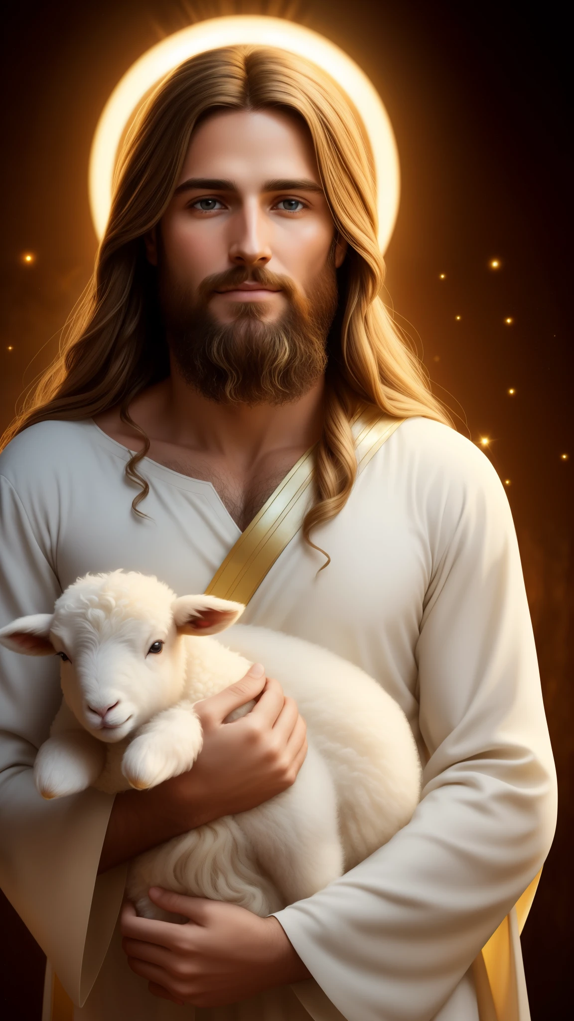 A depiction of Jesus Christ in the best quality and ultra-detailed, realistic manner: 1.3.
His beautiful, detailed eyes radiate compassion, with long, thick lashes framing them. His bearded face bears a serene expression, and his lips are softly curved in a gentle smile. His golden hair flows freely around his shoulders, catching the ethereal glow of the golden sunlight. A halo of radiant light surrounds his head, signifying his divine atmosphere and holy aura. The peaceful background is filled with gentle shades and soft lighting, creating a comforting warmth. Jesus is shown gently holding a fluffy lamb, signifying pure innocence and a tender bond. The spiritual