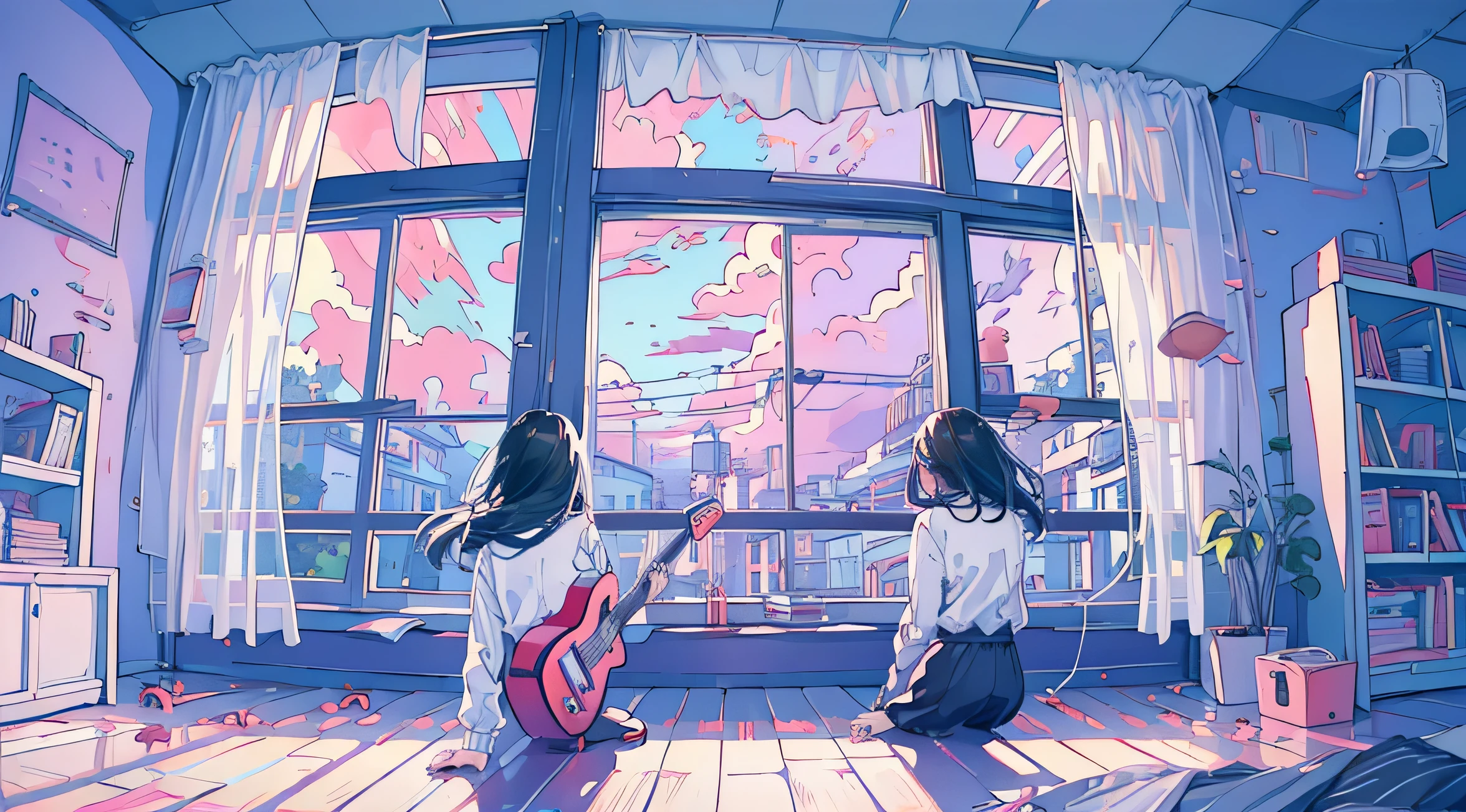 (1 girl), 20-year-old, Detailed details, black haired, hair length, (white underwear), white shirt, In front of a large window, (stand facing the window), play the guitar, Rear view, in the room, hardwood floor, bookshelf, Foliage plant, big clouds outside the window, portrait,sunset
