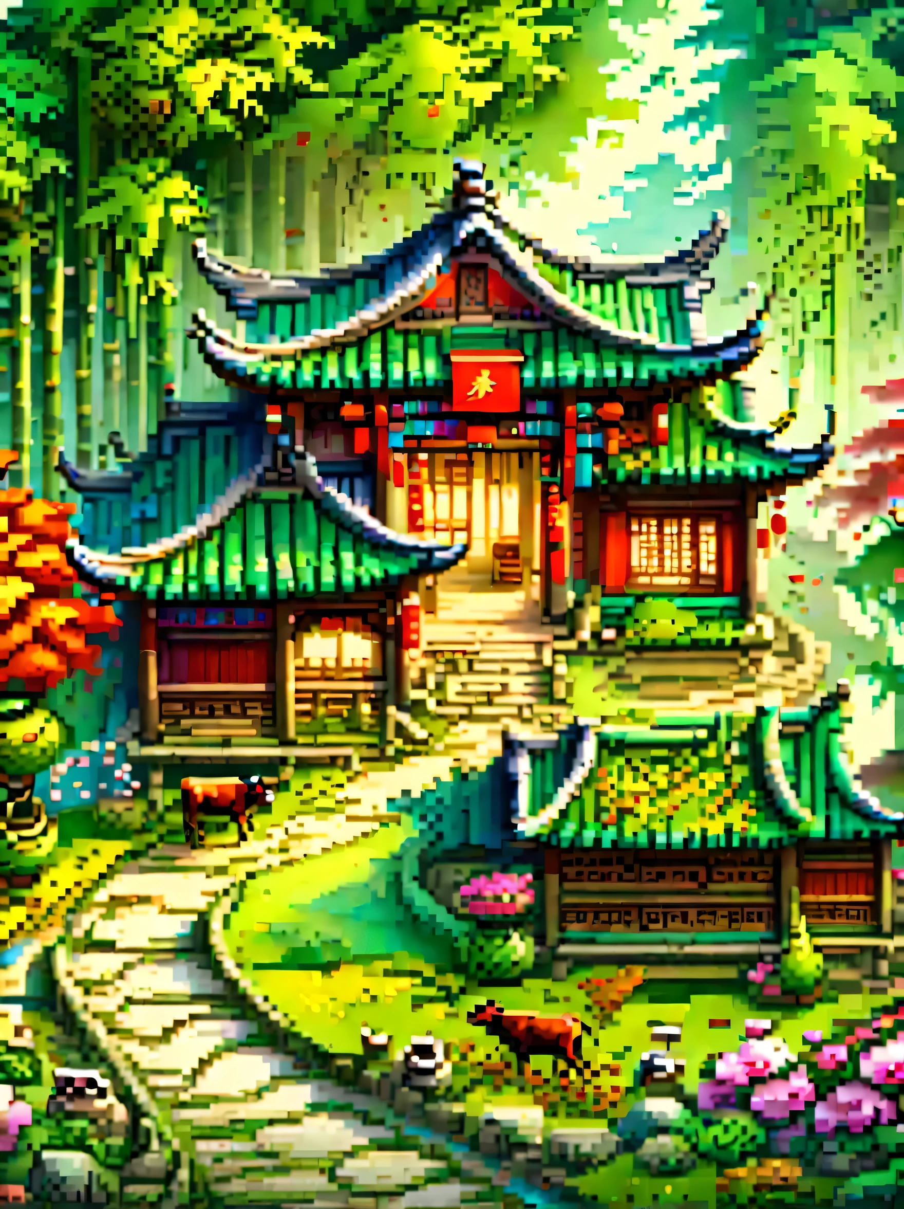 (masterpiece, best quality:1.2), ancient chinese house,bright colors,traditional building,bamboo forest,Flower path,3d,(Aerial view:1.8),((一个放ox的孩子:1.5)),((pedestrian)),((ox)),((swallow))