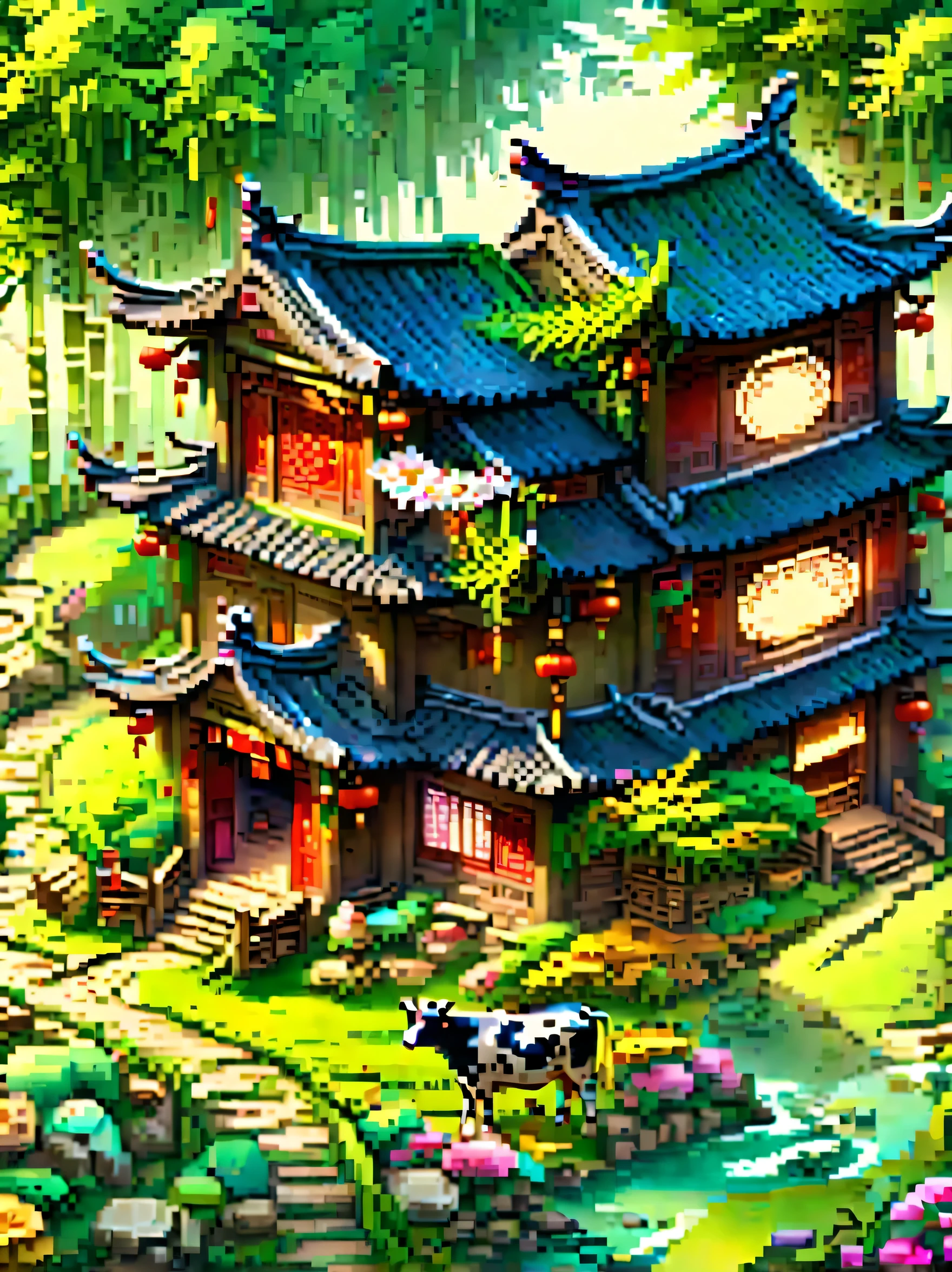 (masterpiece, best quality:1.2), ancient chinese house，bright colors，traditional building，bamboo forest，Flower path，3d，(Aerial view:1.8)，((一个放ox的孩子:1.5))，((pedestrian))，((ox))，((swallow))