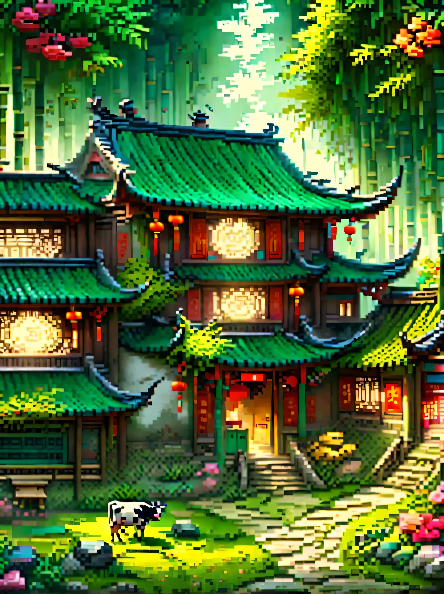 (masterpiece, best quality:1.2), ancient chinese house，bright colors，traditional building，bamboo forest，Flower path，3d，(Aerial view:1.8)，((一个放ox的孩子:1.5))，((pedestrian))，((ox))，((swallow))