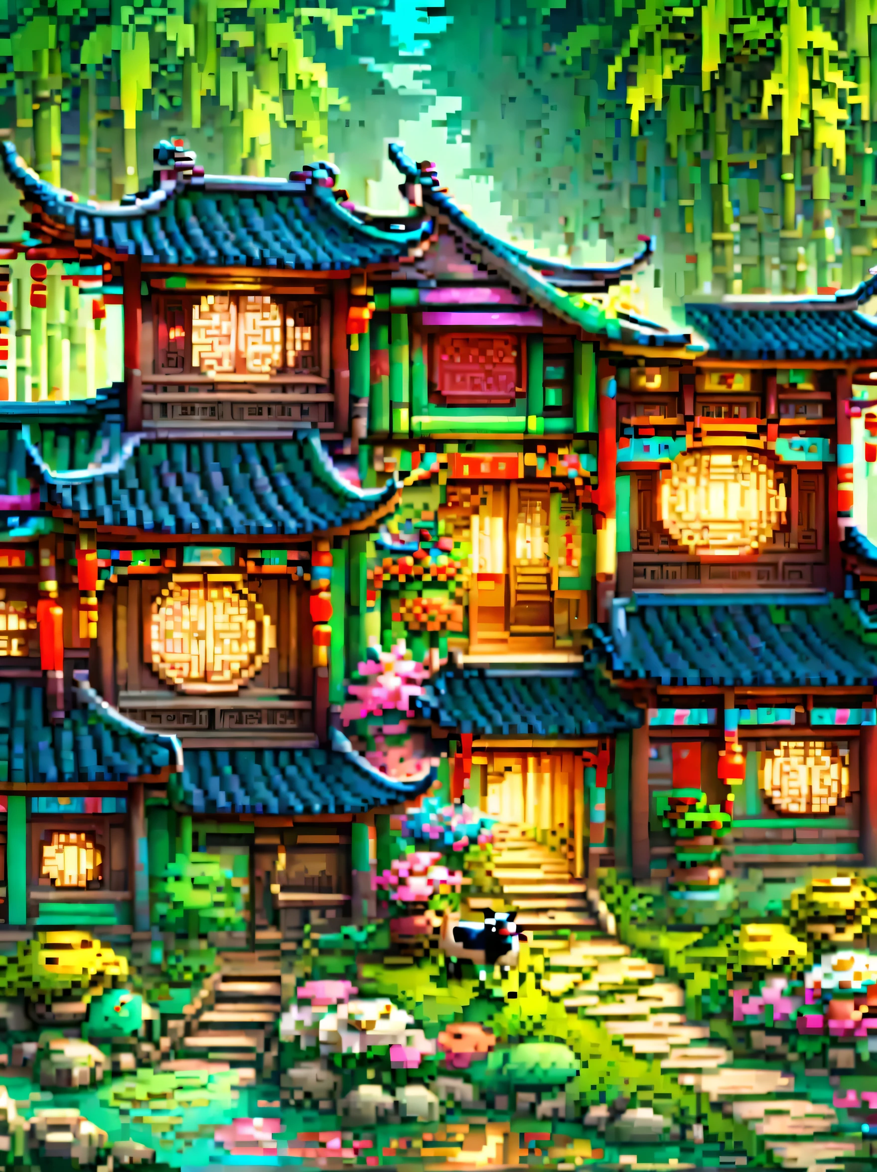(masterpiece, best quality:1.2), ancient chinese house，bright colors，traditional building，bamboo forest，Flower path，3d，(Aerial view:1.8)，((一个放ox的孩子:1.5))，((pedestrian))，((ox))，((swallow))