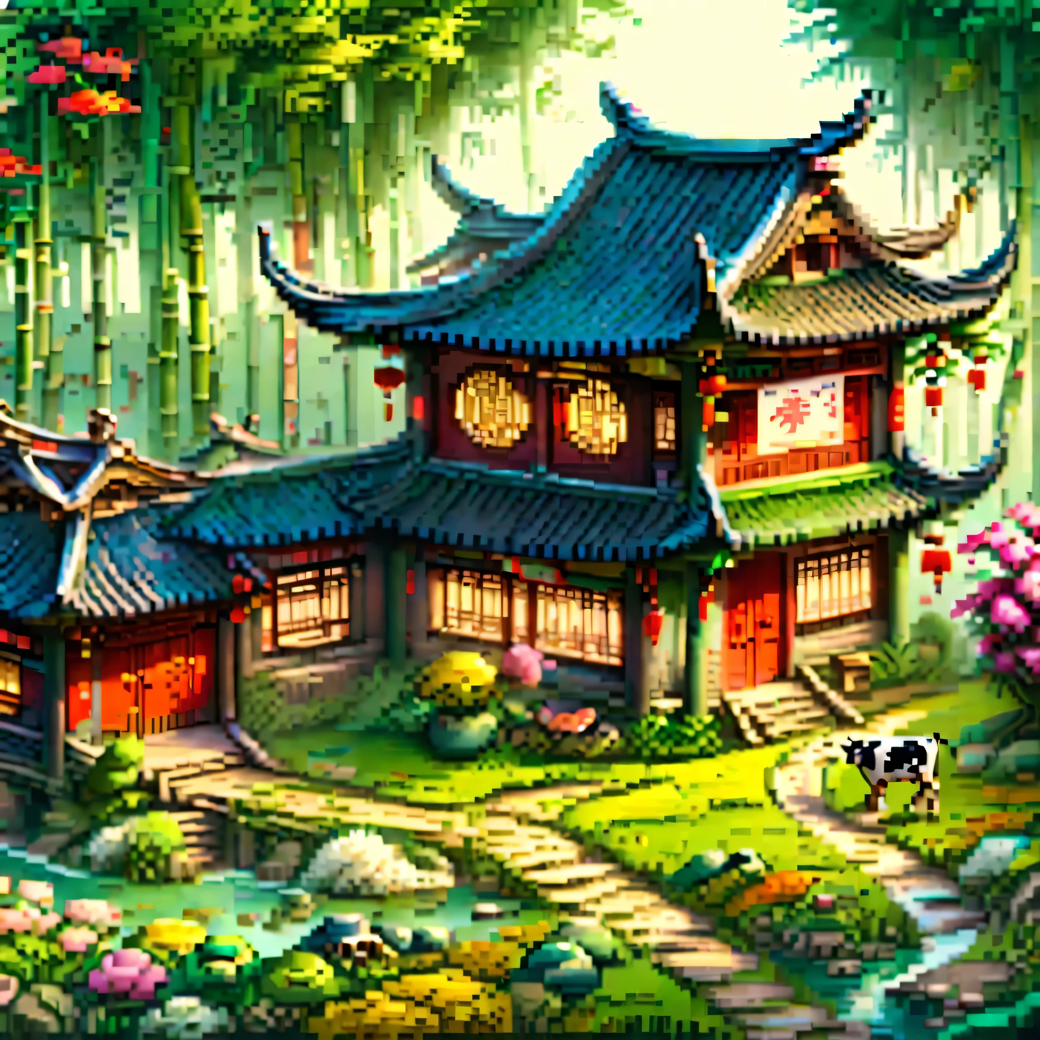 (masterpiece, best quality:1.2), ancient chinese house，bright colors，traditional building，bamboo forest，Flower path，3d，(Aerial view:1.8)，((一个放ox的孩子:1.5))，((pedestrian))，((ox))，((swallow))