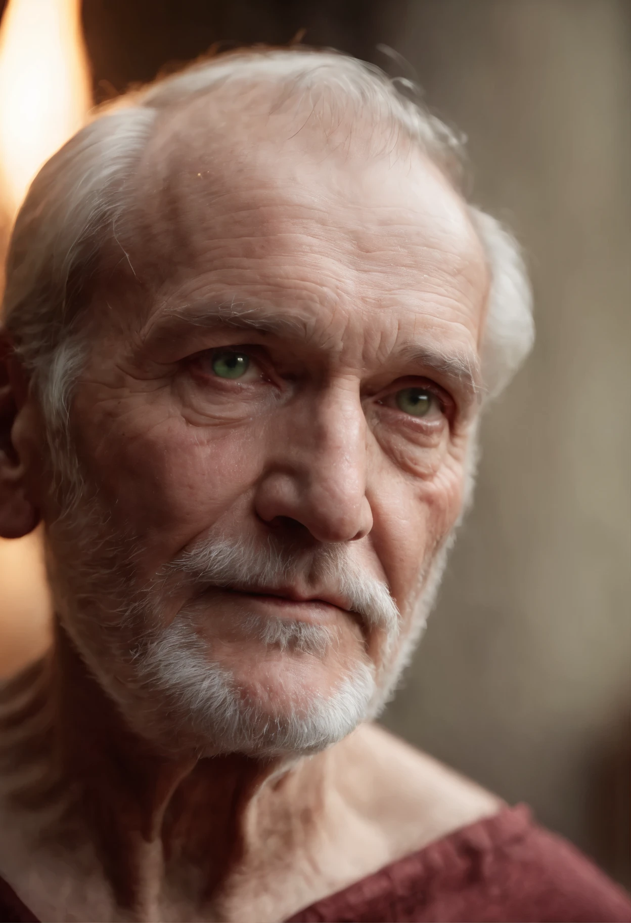 (((A deep red scar runs across the old man's left cheek.))) Fair skin, Man about 70 years old, natural gray hair, characteristic green eyes, naked、 A little fat but elegant, beautiful, medieval atmosphere candlelight, super sharp focus, realistic shot (scar:1.4)