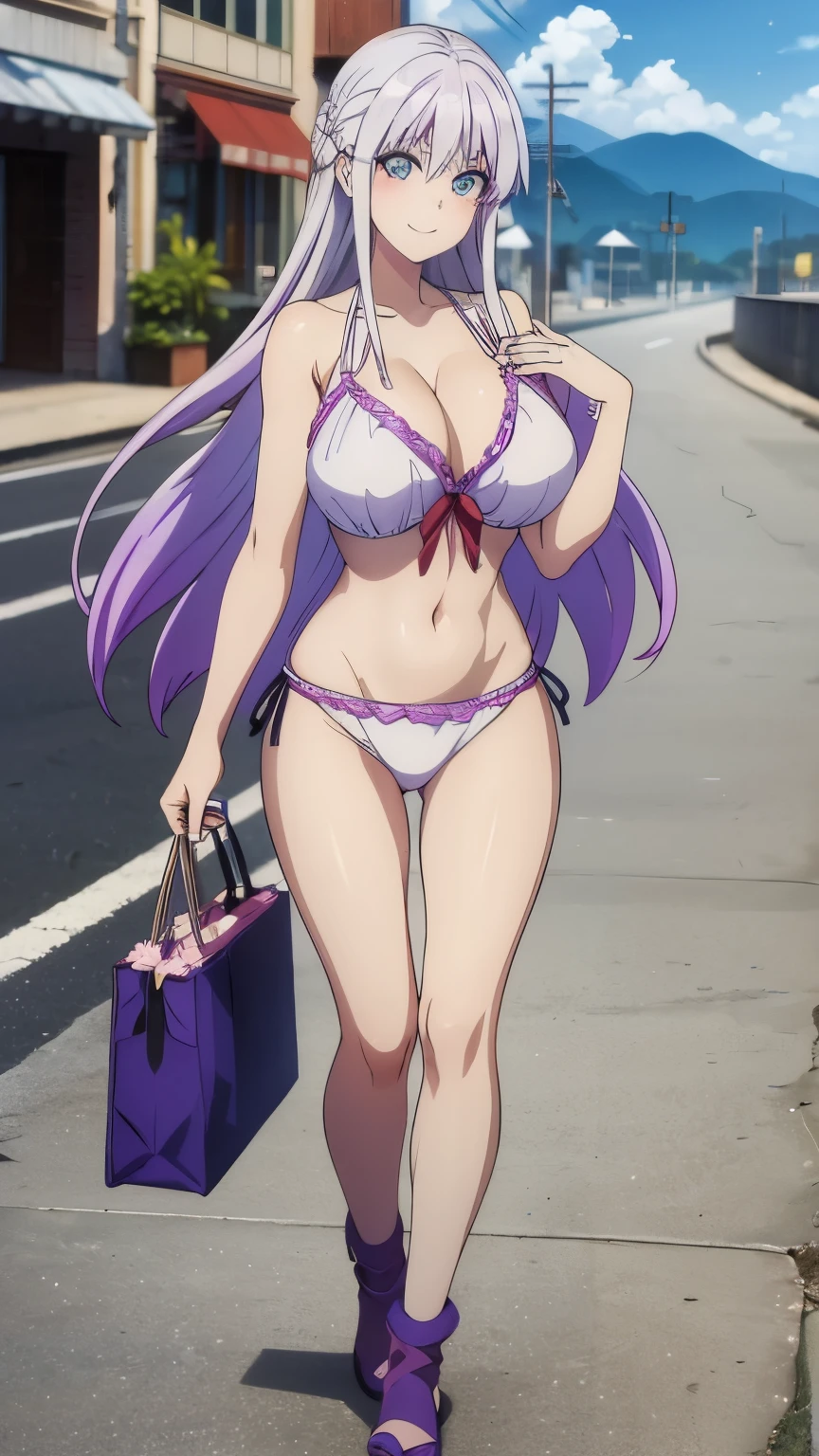 the anime character with long white-purple-silver hair, has a big smile, 1girl, solo, smile, gradient hair, long hair, multicolored hair,(gigantic breasts:1.2), blue eyes.5fingers,bikini,beach,(cowboy shot)