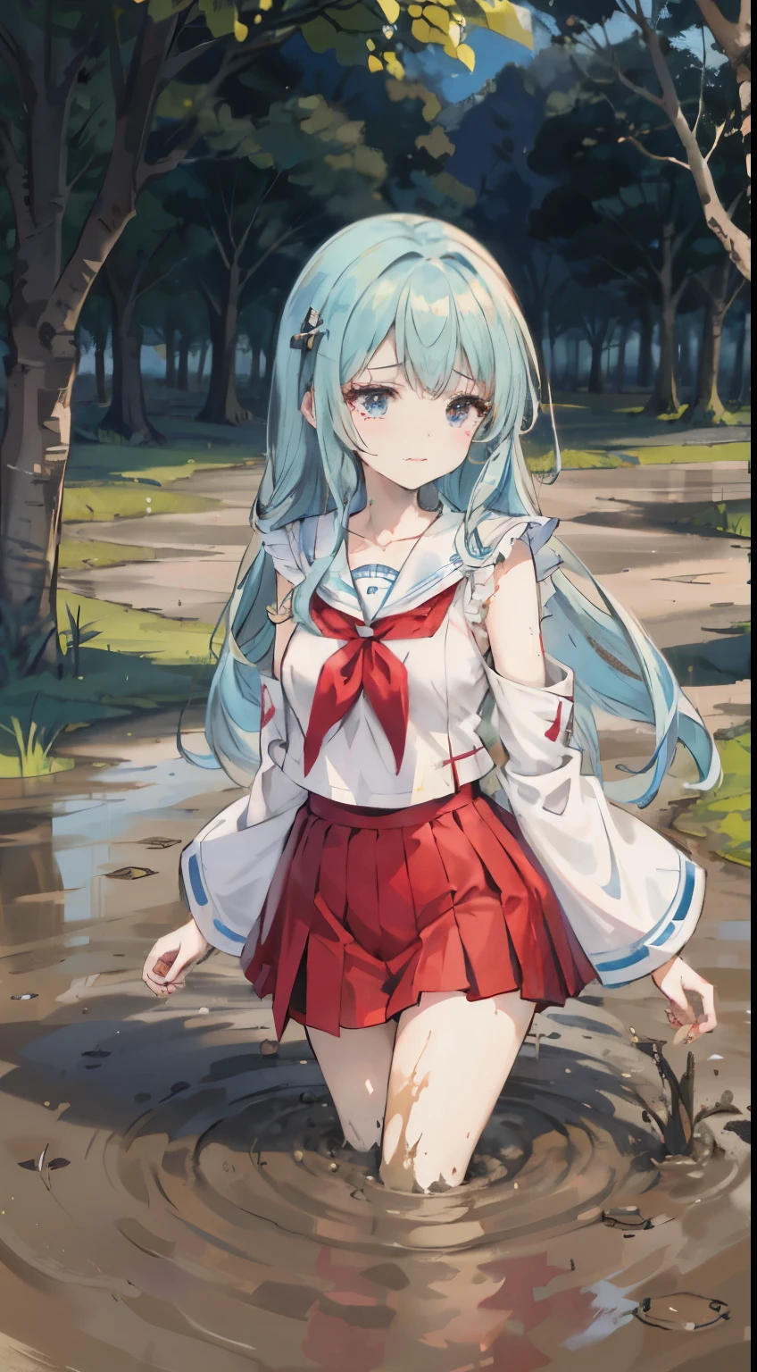 masterpiece, best quality, Art, 8k wallpaper, Very detailed, illustration, 1 girl, sky blue hair, long hair, delicate eyes, Forrest Gump, bare shoulders, Hanfu, lake, pure, gentle smile, The legs are white and long, plump breasts，shed tears, Wearing a sailor suit with a red shirt, Pleated skirts and mini skirts, slim waist, feeling dizzy. There is a collar around her neck, full chest, wide hips, Perfect waistline. The atmosphere is during the day, exuding an air of eternity. She struggled in the muddy swamp, Her legs were stuck in the mud, a look of despair on her face (despair:1.0). Covered in mud."