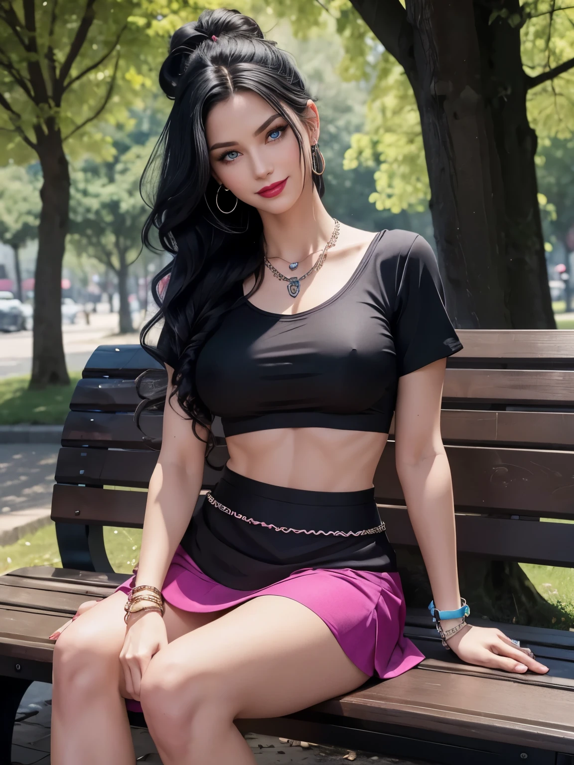 (Caucasian woman), blue-black hair, wavy hair, hair up, blue eyes, outlined eyes, red lipstick, smile, athletic body, medium breasts, nipples, fuchsia top, black skirt, legs, goals, earrings, necklace, pulse watch, bracelets , sitting, bench, in park, side shot.