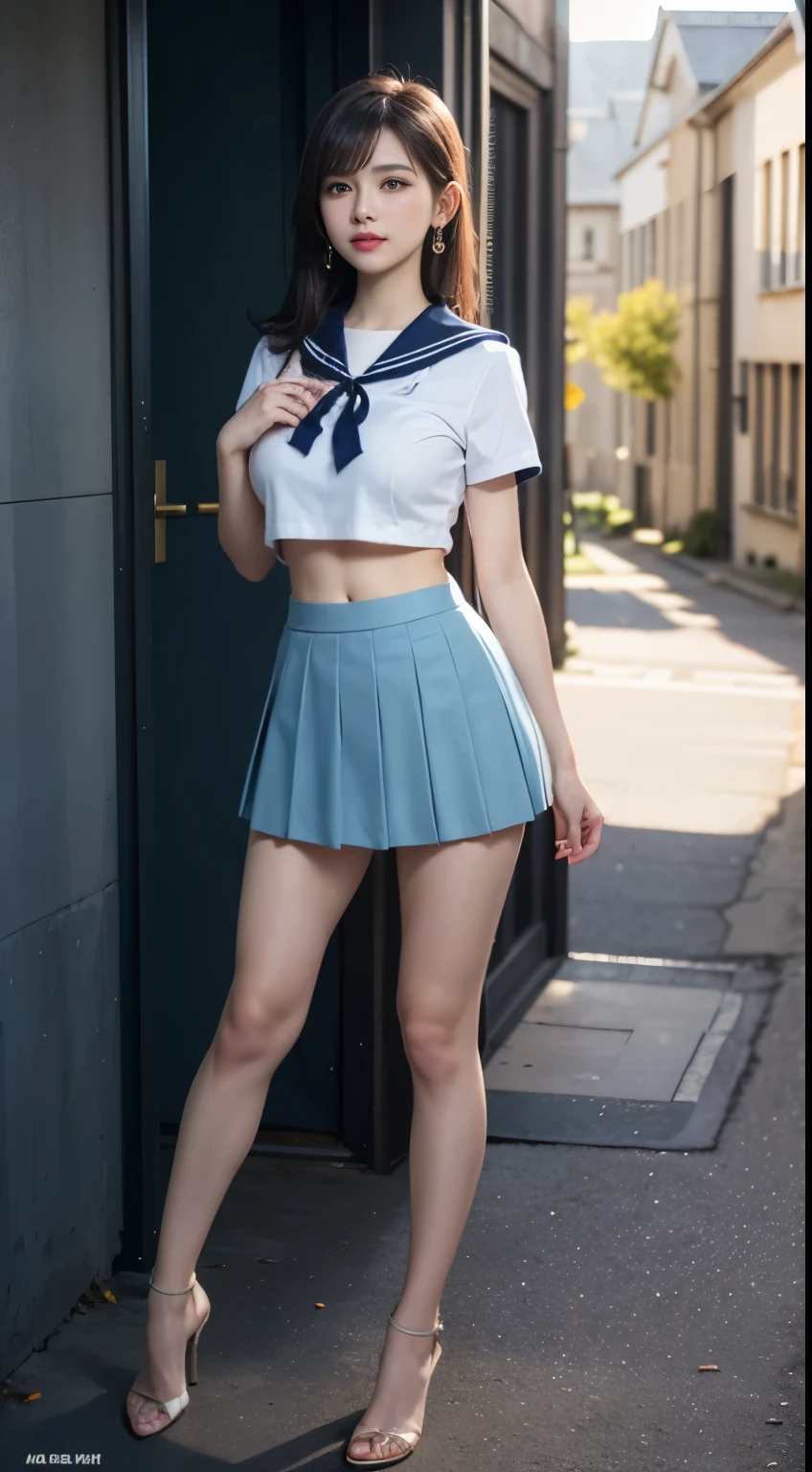 (highest quality:1.4), (hyper quality), (Super detailedな), 1 beautiful girl, (group of female high school students:1.3), Super cute, wonderful face and eyes, (Short-sleeved sailor suit made of thin white fabric), Light blue pleated micro mini skirt with low rise:1.1, (Light blue pleated mini skirt:1.5), (Beautiful and incredibly big breasts:1.3), (The shape of the nipple protrusions through the uniform:1.4), (uniform is not exposed:1.2), (The fabric of the uniform is thin and the shape of her chest is clearly visible.:1.3), Realistic uniform wrinkles, (red ribbon:1.1), (underboob:1.1), (Massaging her breasts over her uniform:1.2), (slender body:1.1), (slender and long beautiful legs), (thin waist), real skin texture, crystal clear very white skin, (bangs:1.2), earrings, light makeup, (Don't look at me, look ahead), beautiful goddess advent, beautiful background, golden ratio, conceptual art, Super detailed, Accurate, advanced details, (walk along a path surrounded by fields:1.2), My chest sways, Super close, sexy art, (Under the summer sun), bright light, Super delicate illustration details, Highly detailed CG integrated 8k wallpaper, RAW photo, professional photos, cinematic lighting, Depth of the bounds written, No bra, (The nipple protrusions push up the uniform:1.2), (Sharp nipples through the uniform), cropped tops, High heels on bare feet, (back view, stick out your butt)