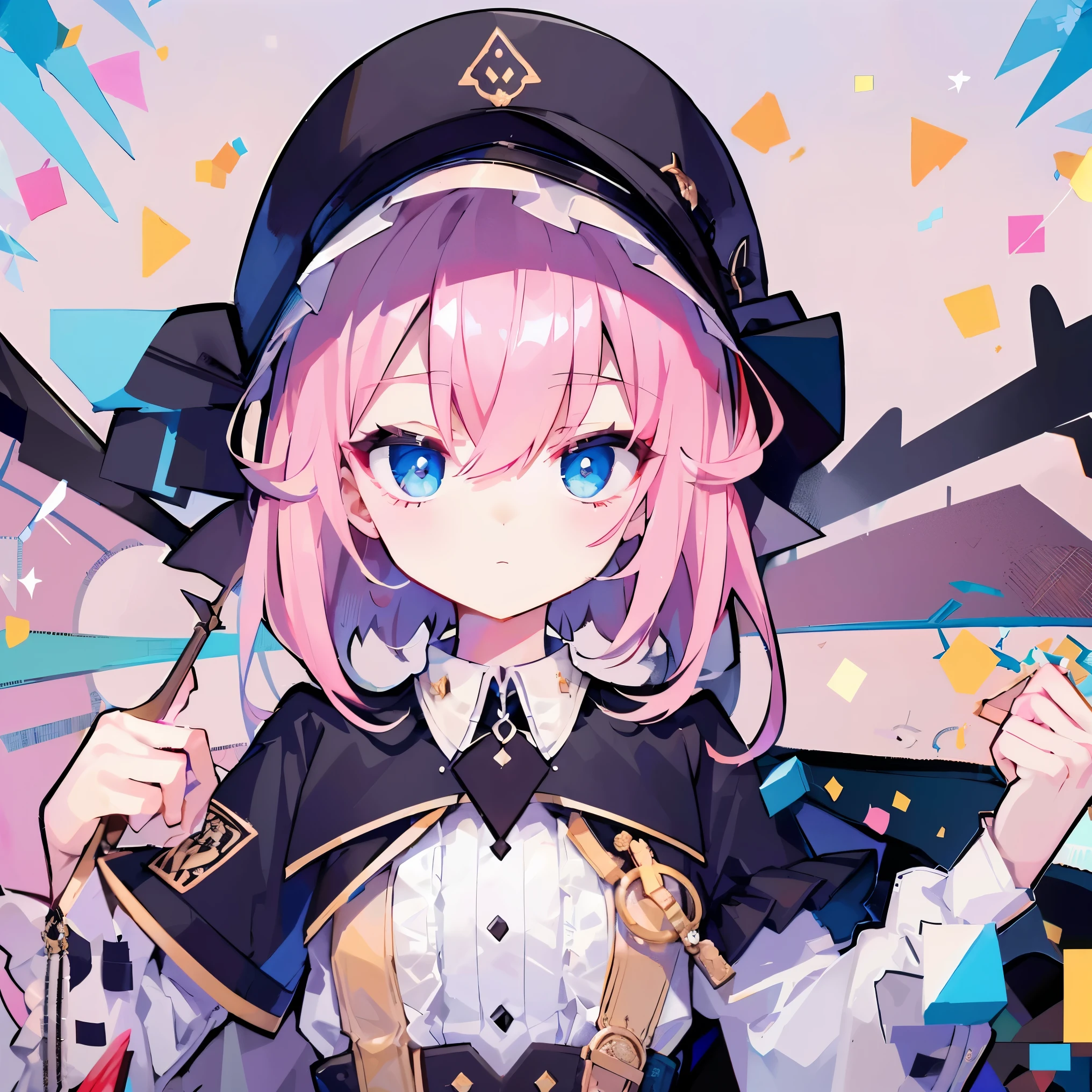 (highest quality、masterpiece:1.2) (((1 girl))) elegant、flat chest ((girl)) ((black court costume)) pink hair、light blue eyes、short hair、cover the skin