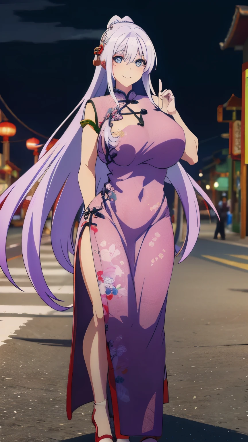 the anime character with long white-purple-silver hair, has a big smile, 1girl, solo, smile, gradient hair, long hair, multicolored hair,(gigantic breasts:1.5), blue eyes.5fingers,(china dress:1.4),(china town,night:1.3)(cowboy shot)