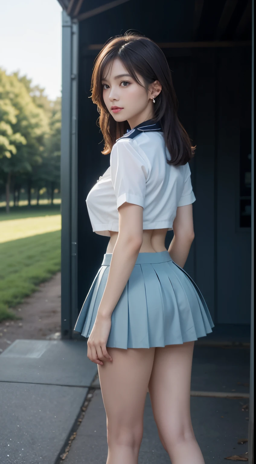 (highest quality:1.4), (hyper quality), (Super detailedな), 1 beautiful girl, (group of female high school students:1.3), Super cute, wonderful face and eyes, (Short-sleeved sailor suit made of thin white fabric), Light blue pleated micro mini skirt with low rise:1.1, (Light blue pleated mini skirt:1.5), (Beautiful and incredibly big breasts:1.3), (The shape of the nipple protrusions through the uniform:1.4), (uniform is not exposed:1.2), (The fabric of the uniform is thin and the shape of her chest is clearly visible.:1.3), Realistic uniform wrinkles, (red ribbon:1.1), (underboob:1.1), (Massaging her breasts over her uniform:1.2), (slender body:1.1), (slender and long beautiful legs), (thin waist), real skin texture, crystal clear very white skin, (bangs:1.2), earrings, light makeup, (Don&#39;t look at me, look ahead), beautiful goddess advent, beautiful background, golden ratio, conceptual art, Super detailed, Accurate, advanced details, (walk along a path surrounded by fields:1.2), My chest sways, Super close, sexy art, (Under the summer sun), bright light, Super delicate illustration details, Highly detailed CG integrated 8k wallpaper, RAW photo, professional photos, cinematic lighting, Depth of the bounds written, No bra, (The nipple protrusions push up the uniform:1.2), (Sharp nipples through the uniform), cropped tops, High heels on bare feet, (back view, stick out your butt)