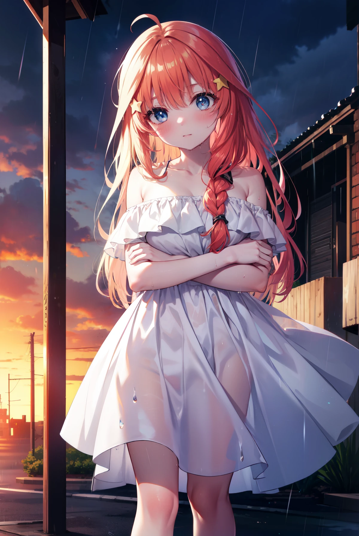 itsukinakano, Itsuki Nakano, bangs, blue eyes, hair between eyes, Ahoge, redhead, star \(symbol\), hair ornaments, star hair ornaments,long hair,Braid　bed rock,blush,Keeping your mouth open,white off shoulder dress,bare shoulders,bare clavicle,naked neck,white long skirt,Cute Sandals,Under the roofでrain宿りしている,wet hair,wet skin,wet clothes,rain,cloudy sky,
break outdoors,In town,building street,Under the roof,
break (masterpiece:1.2), highest quality, High resolution, unity 8k wallpaper, (figure:0.8), (detailed and beautiful eyes:1.6), highly detailed face, perfect lighting, Very detailed CG, (perfect hands, perfect anatomy),