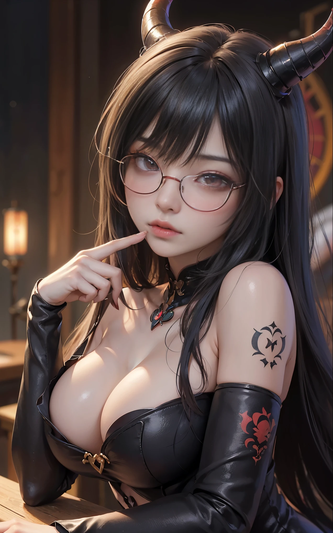 OKですかですか、(best illustrations)、8k UHD resolution、intricate details、highest quality、realistic、Super detailed、best lighting、best shadow、soft lighting、ultra hd、超realistic、Tyndall effect、Photoreal、(high detail skin:1.2)、 (intricate details, compensate, face to face with the children_v1:0.5), (OK, beautiful and delicate face, OKですか, beautiful and delicate eyes, perfectly proportioned face, high resolution skins, fine skin, Optimal ratio of 4 fingers and 1 thumb, arm under chest, red tattoo on lower abdomen、Wow wow, wide hips, smooth abdomen, thin and thin skin, __fashion__, __hair__:1.25)、Digital single-lens reflex camera、 absurd、(table top: 1.3), (maximum resolution: 1.2), (ultra hdTV: 1.2), cinematic light, fine eyes and skin, detailed facial features, , (sharp focus: 1.2）, (focus on the face:1.2),perfect style, beautiful face, acura, anatomically correct, Highly detailed face and skin texture, fine eyes, double eyelid, thin eyebrows, glitter eyeliner: 1 natural cheeks, Glossy skin, Fair skin: 1.2, (glossy lips: 1.4),(embarrassed look: 1.2),Highly detailed face and skin texture, fine eyes, double eyelid, natural cheeks,  glossy lips: 1.4,exposed cleavage、Bewitching。charm、 Beautiful devil woman from hell, デヴィッド・ホックニーとアルフォンス・ミュシャによる超realistic女性の肖像画, charm女性の肖像画、fantasy art, Chinese humanoid robot、chinese actress、dungeon、dragon、devil&#39;palace of、devil&#39;torture chamber、night、dark style 、in the dark、(detailed spooky background:0.8), magic、 1 girl、evil nun、dark necromancer、Succubus、devil&#39;Daughter of、Shinonome Umi、bat wings，(((devil&#39;Horn)))、 ((((giant glasses, otaku glasses, thick glasses, round glasses)))),(((big breasts)))、(devil&#39;Tail)、(red eyesは光り輝いて:1.6)、red eyesは非常に鮮明で詳細です, your eyes are so beautifully made, ((red eyes:1.0)),intricate tattoo, demonic intricate tattoo, thigh tattoo, body tattoo, masterpiece、最もbeautiful face、baby face、cute smile、beautiful plump red lips、筋肉のcharm体、devilのcharm体、devil style、charmブラックマジックコスチューム、The long-haired、Braid、Black hair、Ponytail distortion、, Ponytail with a bow tied at the back of the hair, beautiful expression、body up、big breasts強調、bust,  super tight chest, Breast augmentation surgery, Breasts are very big and round,tight waist、wide ass、 secret key, cowboy lens, (black phoenix dress: 1.0),  devil crown,  bright red jewel necklace、Jewelry G Wise,  Please wear black mesh socks,wearing light red、nffsw, nffsw, Meeting beautiful girls, look at the girl&#39;Main body,