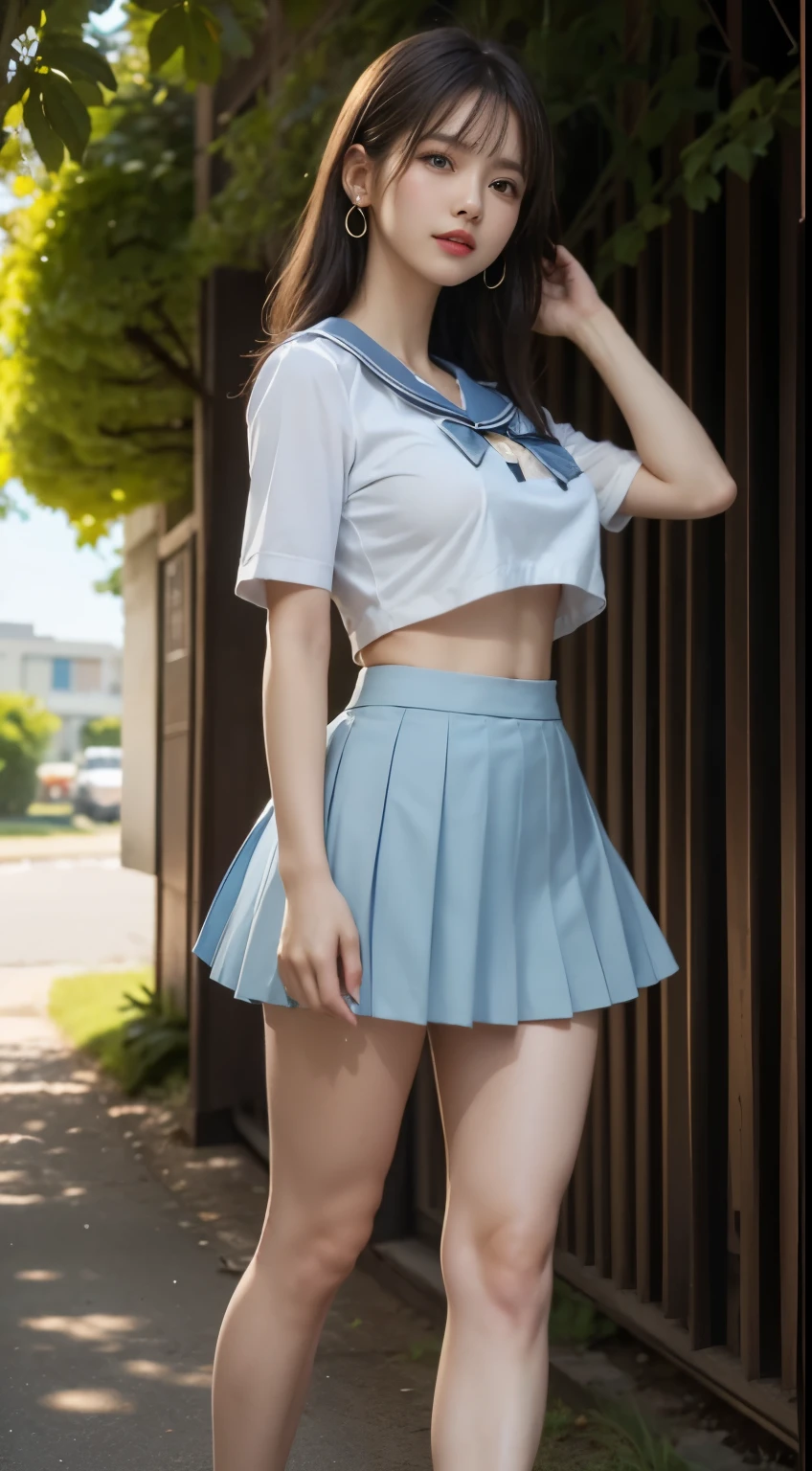 (highest quality:1.4), (hyper quality), (Super detailedな), 1 beautiful girl, (group of female high school students:1.3), Super cute, wonderful face and eyes, (Short-sleeved sailor suit made of thin white fabric), Light blue pleated micro mini skirt with low rise:1.1, (Light blue pleated mini skirt:1.5), (Beautiful and incredibly big breasts:1.3), (The shape of the nipple protrusions through the uniform:1.4), (uniform is not exposed:1.2), (The fabric of the uniform is thin and the shape of her chest is clearly visible.:1.3), Realistic uniform wrinkles, (red ribbon:1.1), (underboob:1.1), (Massaging her breasts over her uniform:1.2), (slender body:1.1), (slender and long beautiful legs), (thin waist), real skin texture, crystal clear very white skin, (bangs:1.2), earrings, Transparent Lip, (Don't look at me, look ahead), beautiful goddess advent, beautiful background, golden ratio, conceptual art, Super detailed, Accurate, advanced details, (walk along a path surrounded by fields:1.2), My chest sways, Super close, sexy art, (Under the summer sun), bright light, Super delicate illustration details, Highly detailed CG integrated 8k wallpaper, RAW photo, professional photos, cinematic lighting, Depth of the bounds written, No bra, (The nipple protrusions push up the uniform:1.2), (Sharp nipples through the uniform), cropped tops, High heels on bare feet, (back view, stick out your butt)