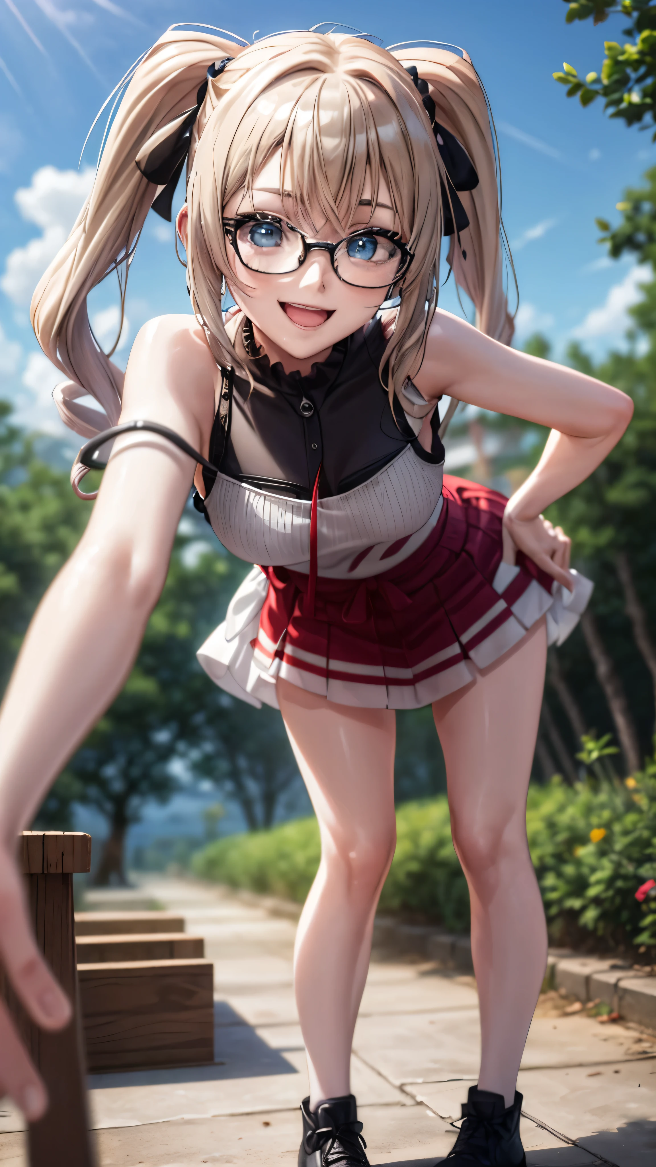 1 female,12 years old,blonde,(miniskirt and big white tank top, (), , natural smile,,frameless eyeglasses,(((leaning forward)))