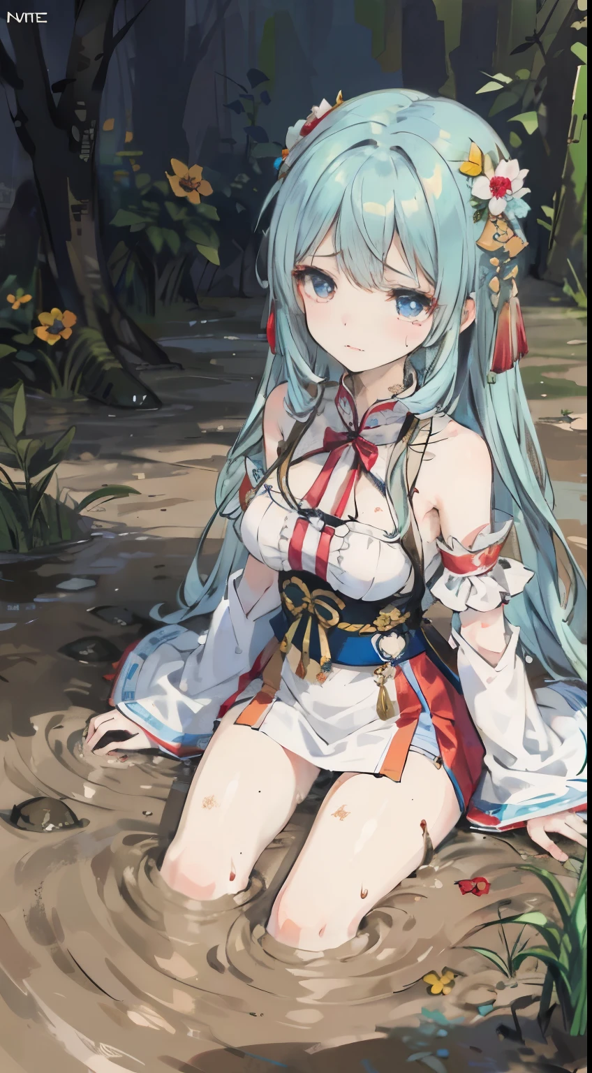 masterpiece, best quality, Art, 8k wallpaper, Very detailed, illustration, 1 girl, sky blue hair, long hair, delicate eyes, Forrest Gump, bare shoulders, Hanfu, pure, gentle smile, The legs are white and long, plump breasts,shed tears, She struggled in the muddy swamp, Her legs were stuck in the mud, a look of despair on her face (despair:1.0). Covered in mud."