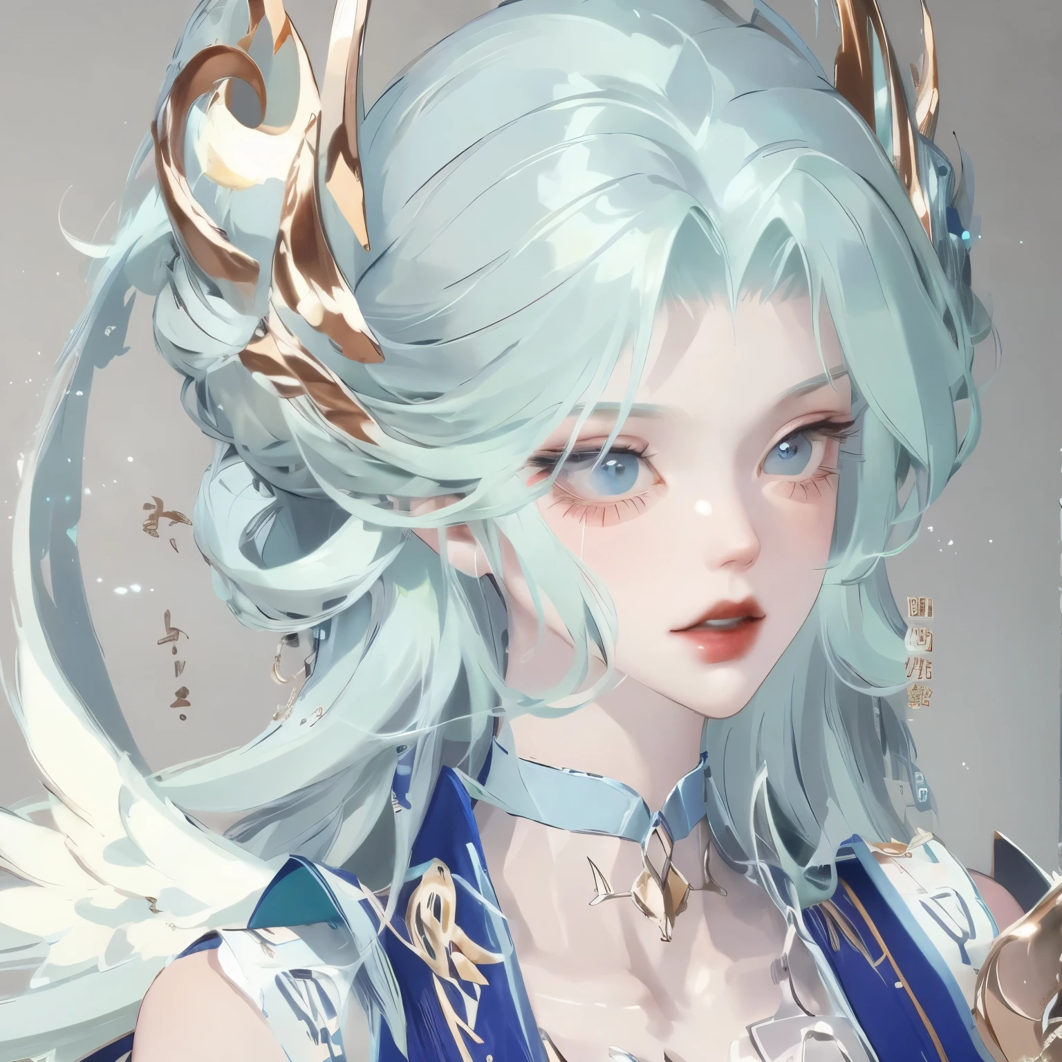 one wearing a blue dress、Cartoon picture of woman with white wings, Astral Witch Clothes, flowing magic robe, Dress up in dreamy formal attire, full body xianxia,