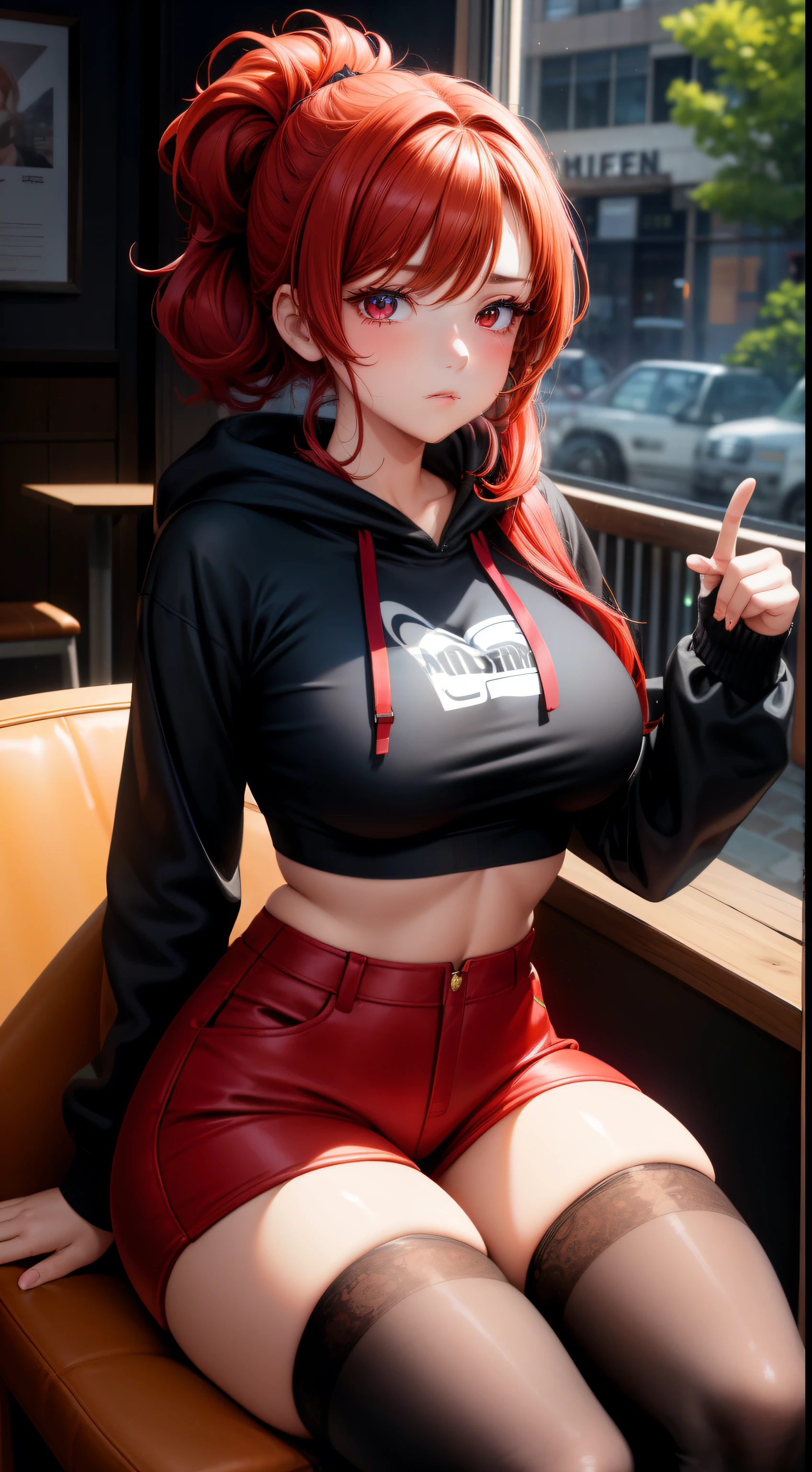 Cute Girl, 1 girl, Red hair, high bun hairstyle, There are a few strands of hair on the face, Red eyes, mascara, oversized hoodie, diaphragm, hot pants, tights, laced tights, bags under eyes, sitting, cafes, ground angle shot, The audience looks up, feet in tights, saggy , impact, original photography, 8K, masterpiece,