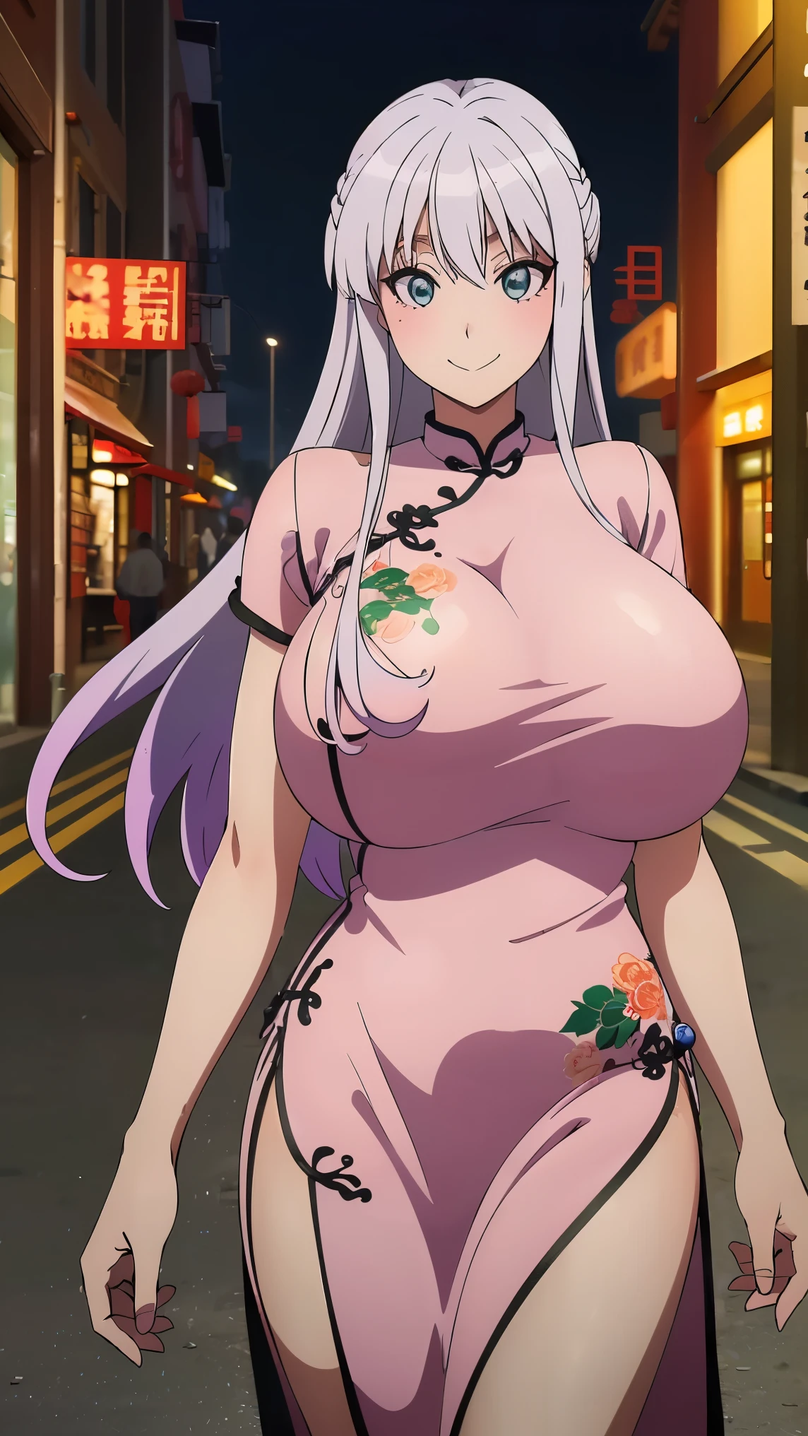 anime,anime style,high resolution、high quality、masterpiece、high detail、the anime character with long white-purple-silver hair, has a big smile, 1girl, solo, smile, gradient hair, long hair, multicolored hair,(gigantic breasts:1.5), blue eyes.5fingers,(china dress:1.4),(china town,night:1.3)(cowboy shot)