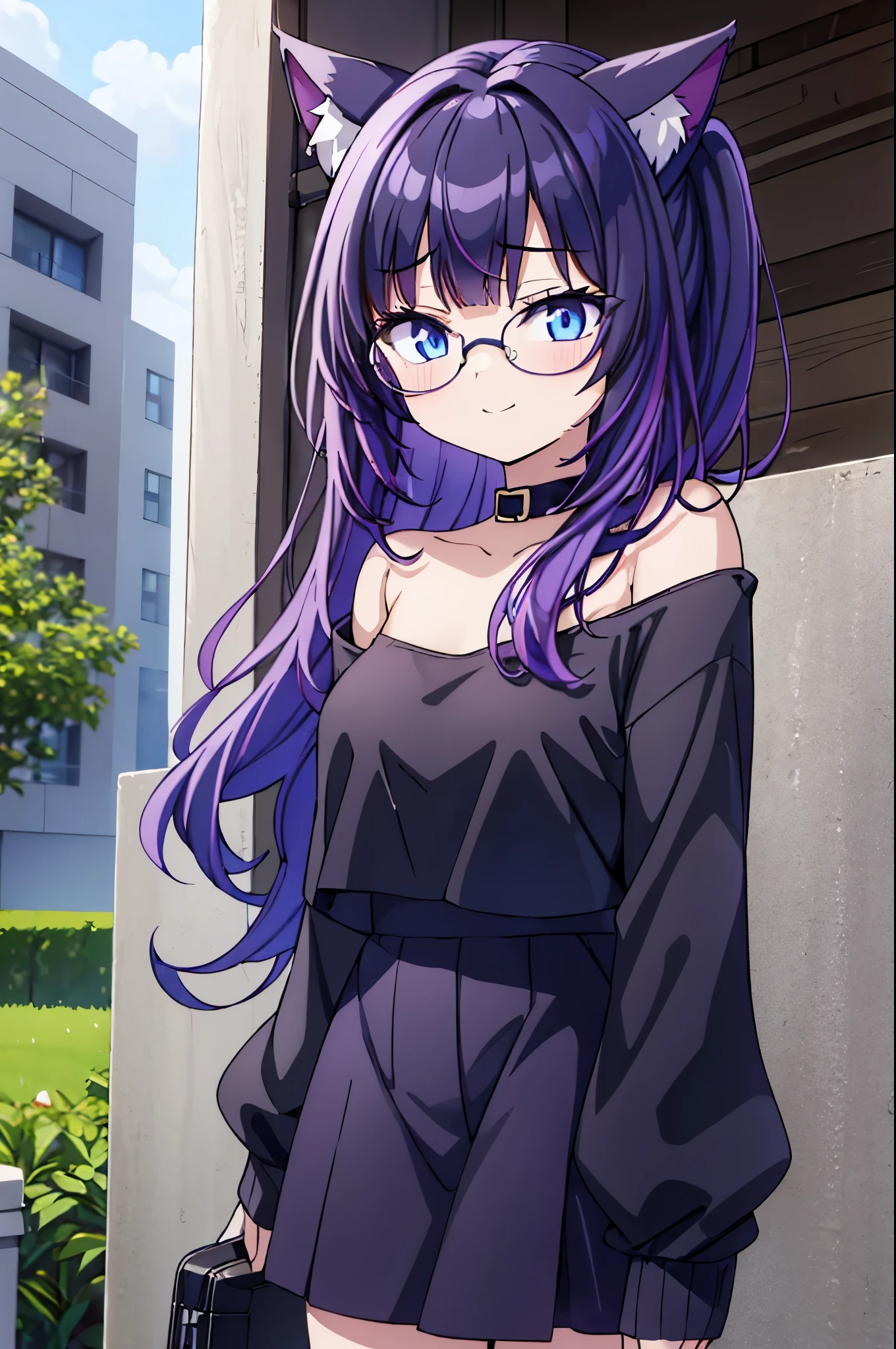 A girl with long black hair with purple tips, blue eyes, a chest with cat ears and a big, fluffy cat tail. wearing black round glasses Wear a black crop top showing off your shoulders. Wear a light purple off-the-shoulder shirt. wearing a black short skirt