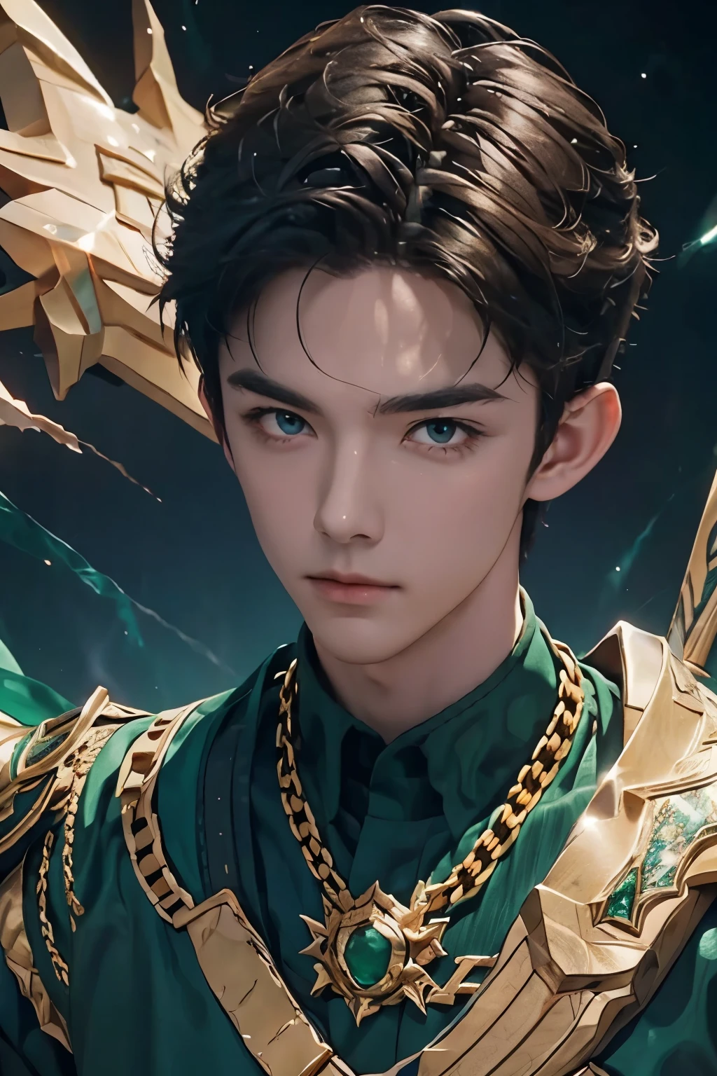 Attractive guy , The guy has very short brown hair, Emerald eyes, on a black background – a galaxy of stars . flash . lightning!. There&#39;s a sword in his hand, from which lightning flies. ! Chinese dynasty warrior Terakon. , dressed in the armor of a tyracon warrior ! golden armor , sword in hand and shield in the other hand , warrior helmet on his head ! gold chain with emerald around the neck. top quality portrait photo !