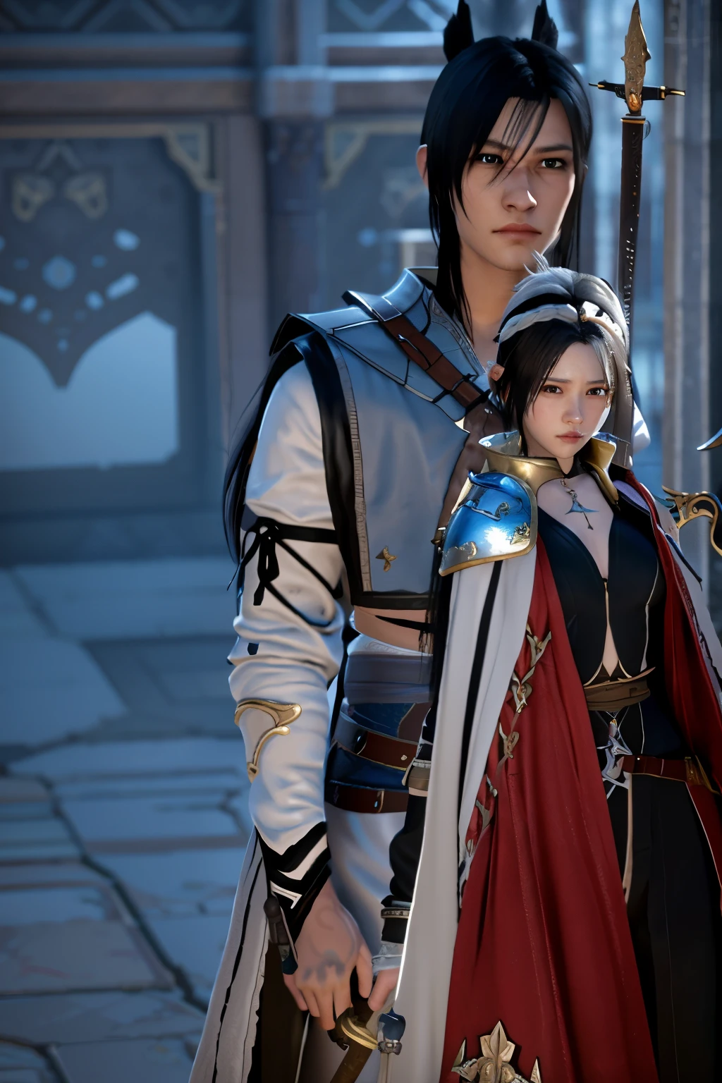 there are two people standing next to each other in a cute, character close up, middle close up shot, close up character, holding a sword on her shoulder, <mmorpgs scene, ornate korean polearm behind her, style of final + fantasy + 1 5, with very highly detailed face, it has a piercing gaze