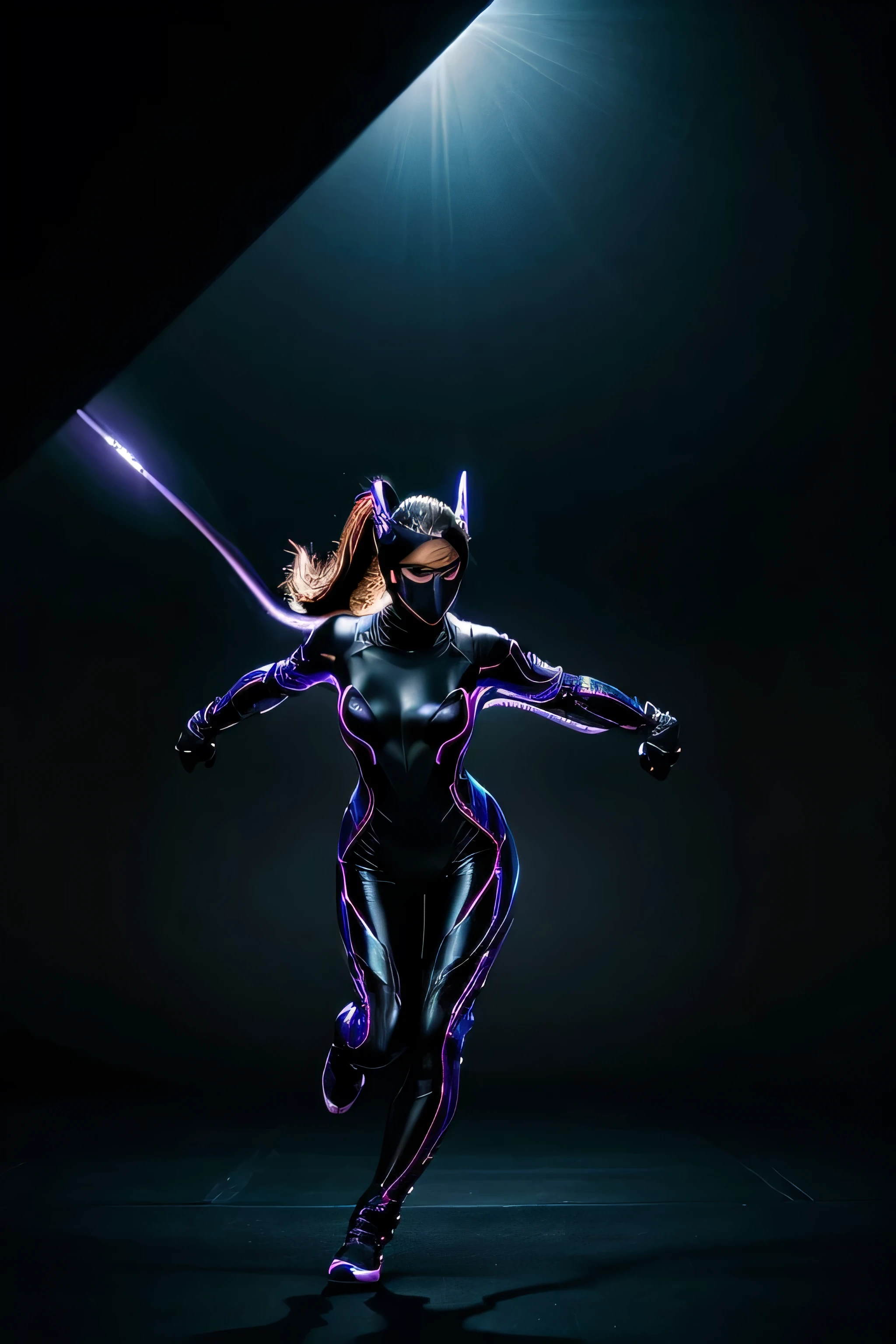 A swiftly moving ninja woman clad in sleek black night suit, dashing through the darkness, her movements fluid and deadly. Her precision and speed are mesmerizing, every strike calculated to perfection. The scene is expertly captured in a stunning digital painting, showcasing the intricate details of her attire and the intensity of her attack. The image is rich in colors and shadows, evoking a sense of danger and excitement. It brings to life the thrilling world of ninjas with a level of realism that is truly captivating. (((playful body manipulations))), divine proportion, non-douche smile, gaze into the camera, holographic shimmer, whimsical lighting, enchanted ambiance, soft textures, imaginative artwork, ethereal glow, silent Luminescence, whispering Silent, iridescent Encounter, vibrant background, by Skyrn99, full body, (((rule of thirds))), high quality, high detail, high resolution, (bokeh), soft backlight, studio light, long exposure:2