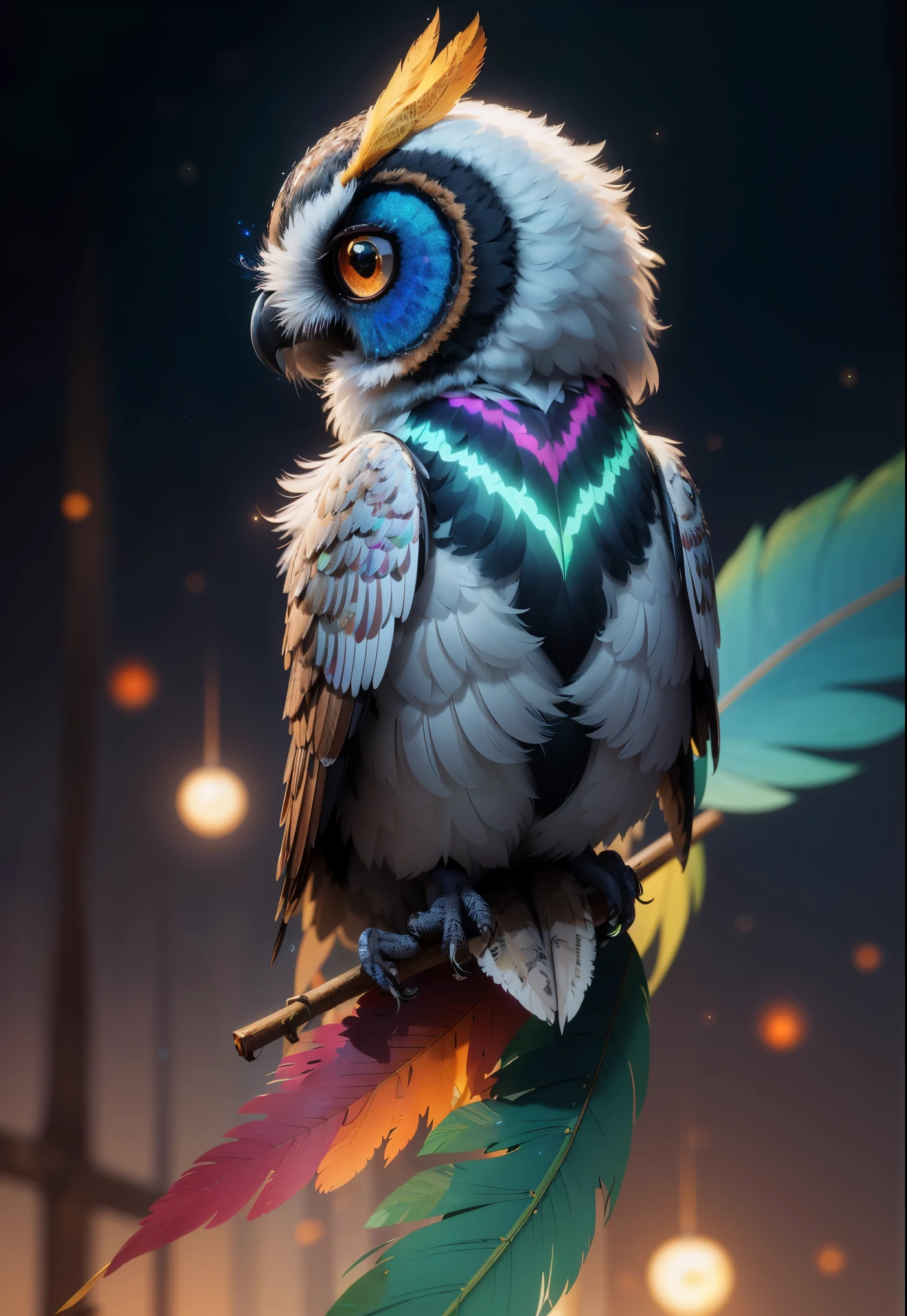 Parte Mestre, melhor qualidade, reflexo extremamente lindo, best reflection. (Muito detalhado CG unidade 8k papel de parede), (melhor qualidade), (Best illustration), (Melhor sombra), a photo of a cyber owl, empoleirado em arame farpado em um beco escuro. Your eyes are neon blue, refletindo as luzes da cidade circundante. Feathers are fragmented and iridescent, and there is wonderful code running through them. The shots used create a deformation effect, giving the impression that an owl is observing the viewer from all angles, com tema florestal com elementos naturais. tall trees, fluxo silencioso, pequenos cogumelos brilhantes rodeados por folhas e ramos delicados, and fireflies and glowing particle effects, (elementos naturais), (Tema Selva), (Borboletas Leaverancheire, (folhas delicadas), (brilhar), (particle effects), Isometric 3D, octane rendering, rastreamento de raios, super detalhado