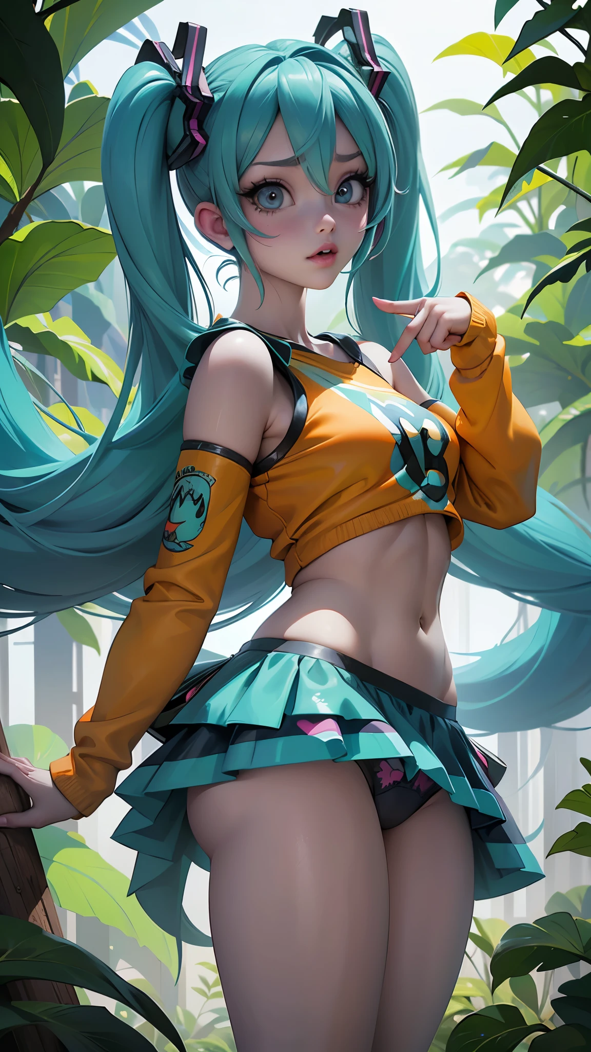 (La mejor calidad,A high resolution,Ultra - detallado,actual),Ariana Grande, chica anime cosplay, anime cosplay, (Hatsune MikuCosplay:1.4) , foto de cosplay, dos colas blancas_guantes, cosplay, lindo anime waifu con un bonito vestido, chica anime con pelo largo, Diosa del anime, cosplay elegante y glamoroso, chica anime disfrazada de sirvientaMore detailed 8K.motor irreal:1.4,UHD,La mejor calidad:1.4, fotorrealista:1.4, textura de la piel:1.4, obra maestra:1.8,obra-prima, mejor calidad,objeto Objeto], (detailed face features:1.3),(Las proporciones correctas),(Ojos hermosos azules),  (pose vaquero), ,( ciberpunk 2.1), (background jungle Africa leaves red neon wild , light orange hongo gigante ,an expansive view of white :1.4),( dedos detailed:1.4),( perfect anatomy), (vestuario kawaii :1.4), (showing children&#39;s print panties:1.4), (neon  verde selva hojas grandes noche :1.4) 