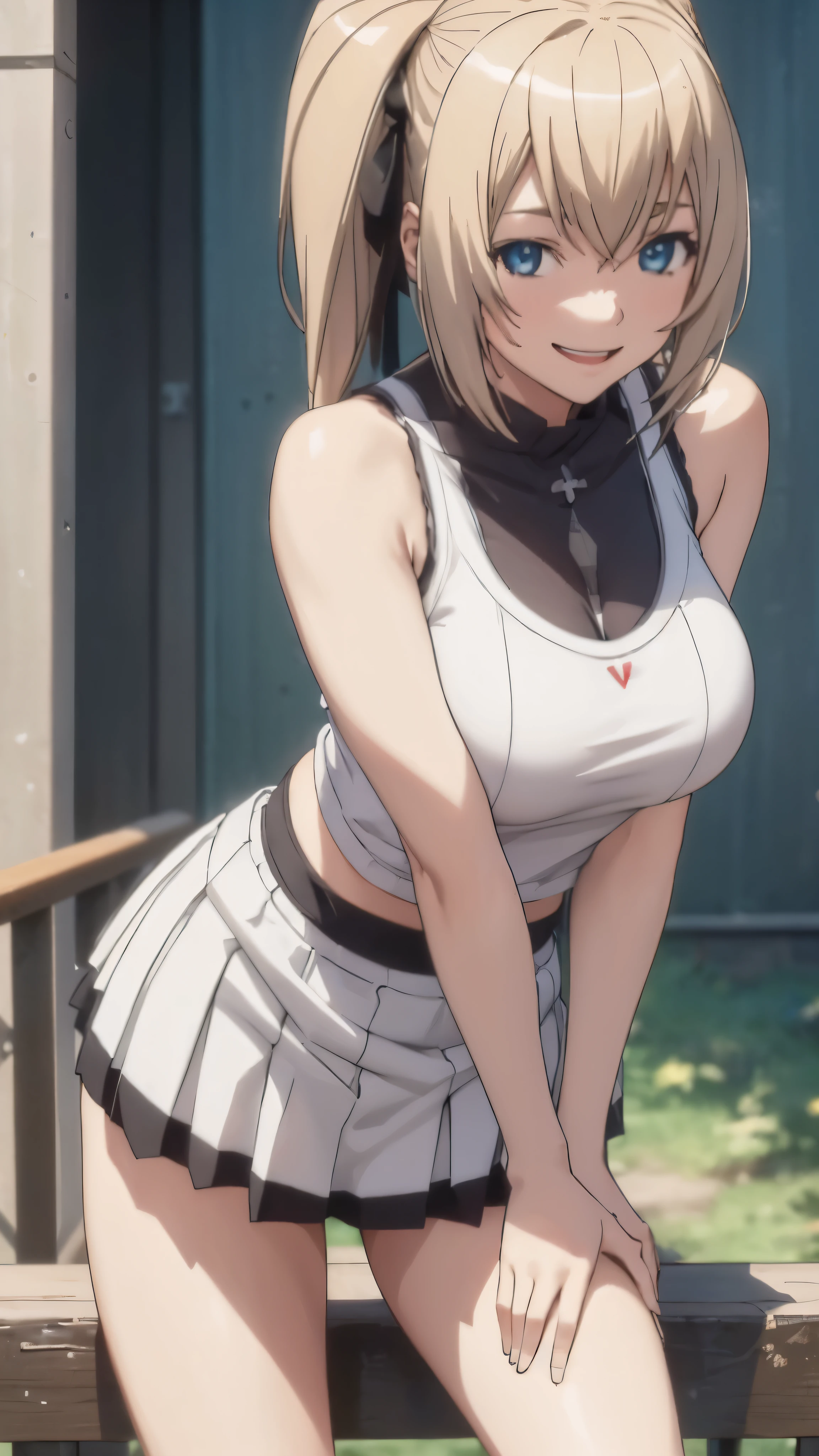 1 female,12 years old,blonde,(miniskirt and big white tank top, (big breasts), , natural smile,,,(((leaning forward)))