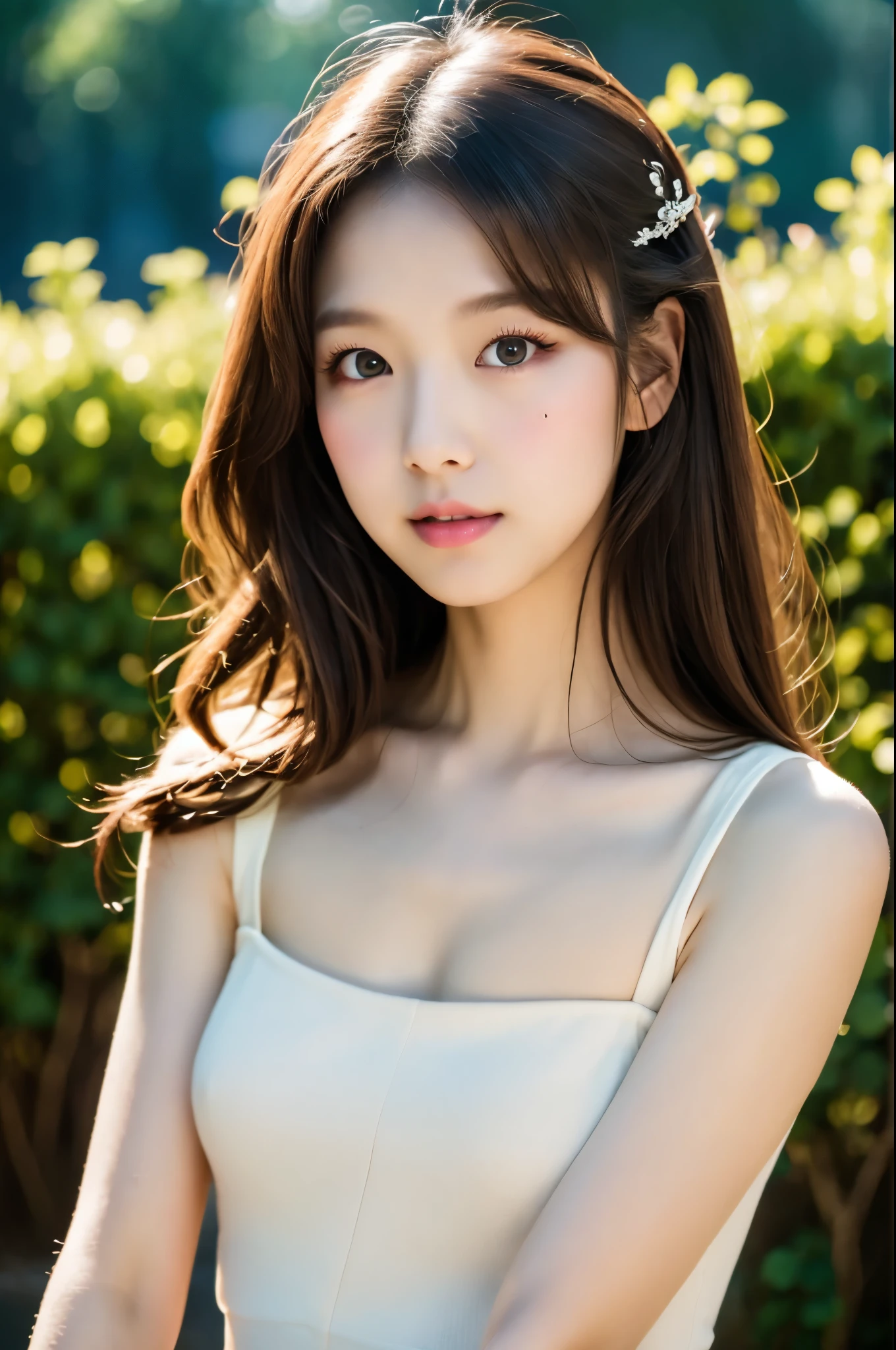 (8k, 4k, best quality, highres:1.2), (masterpiece, realistic, photo realistic:1.37), 1girl, solo, Japanese girl, beautiful face, eyelashes, nose, glossy lips, (detailed eyes, looking at viewer, fair skin, white skin:1.5), fine complexion, upper body, medium breasts, long green hair with bow, hair ornament