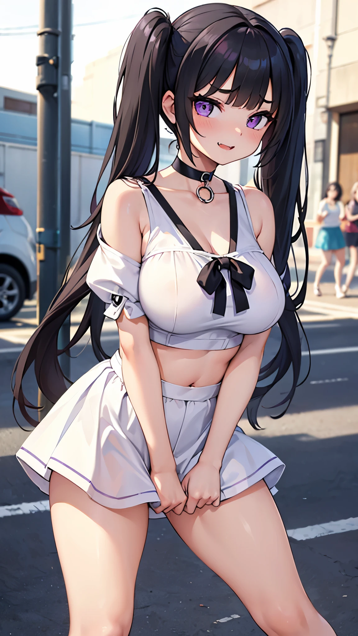 Big breasted girl、Light blue tiny bikini、Narrow constricted waist、belly button、Small hips、White pleated skirt、Black hair in twin tails、White ribbon、Dark Eyes、Brown eyes、In town、Outdoor