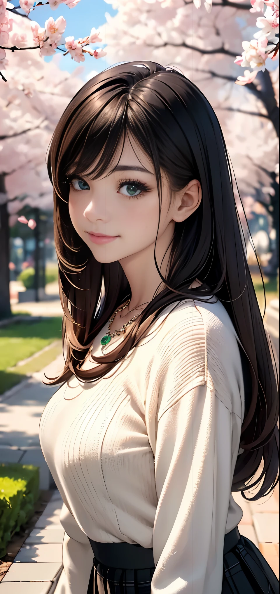 ((table top, highest quality, High resolution, nffsw, perfect pixel, Depth of written boundary, 4k, nffsw, nffsw))), 1 girl, single, alone, beautiful anime girl, beautiful art style, anime character, ((long hair, bangs, brown hair)), ((green eyes:1.4, round eyes, beautiful eyelashes, realistic eyes)), ((detailed face, blush:1.2)), ((smooth texture:0.75, realistic texture:0.65, realistic:1.1, Anime CG style)),  dynamic angle, ((black sweater, long sleeve, black skirt, plaid skirt, Snazzy, 1 diamond necklace)), smile,  amusement park, ((cherry blossoms, cherry blossomsの花が散る))