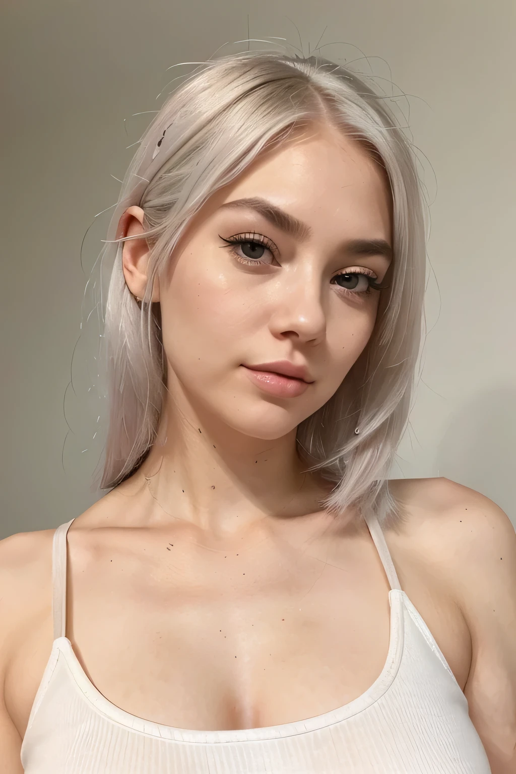 Photo of a 25 years old woman with platinum hair that reaches just below her shoulders. Her facial features are delicate, with narrow eyebrows, long eyelashes, and pink lips. Her skin appears smooth with a slight flush on her cheeks. She is wearing a white tank top with thin straps, which emphasizes her large bust size and shoulders.