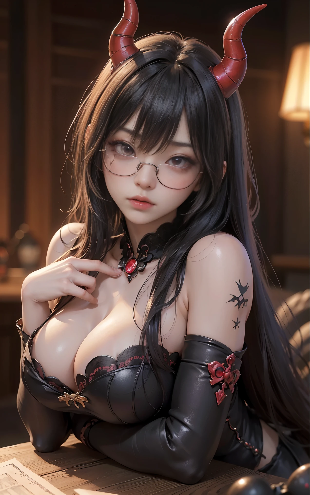 OKですかですか、(best illustrations)、8k UHD resolution、intricate details、highest quality、realistic、Super detailed、best lighting、best shadow、soft lighting、ultra hd、超realistic、Tyndall effect、Photoreal、(high detail skin:1.2)、 (intricate details, compensate, face to face with the children_v1:0.5), (OK, beautiful and delicate face, OKですか, beautiful and delicate eyes, perfectly proportioned face, high resolution skins, fine skin, Optimal ratio of 4 fingers and 1 thumb, arm under chest, red tattoo on lower abdomen、Wow wow, wide hips, smooth abdomen, thin and thin skin, __fashion__, __hair__:1.25)、Digital single-lens reflex camera、 absurd、(table top: 1.3), (maximum resolution: 1.2), (ultra hdTV: 1.2), cinematic light, fine eyes and skin, detailed facial features, , (sharp focus: 1.2), (focus on the face:1.2),perfect style, beautiful face, acura, anatomically correct, Highly detailed face and skin texture, fine eyes, double eyelid, thin eyebrows, glitter eyeliner: 1 natural cheeks, Glossy skin, Fair skin: 1.2, (glossy lips: 1.4),(embarrassed look: 1.2),Highly detailed face and skin texture, fine eyes, double eyelid, natural cheeks, glossy lips: 1.4,exposed cleavage、Bewitching。charm、 Beautiful devil woman from hell, デヴィッド・ホックニーとアルフォンス・ミュシャによる超realistic女性の肖像画, charm女性の肖像画、fantasy art, Chinese humanoid robot、chinese actress、dungeon、dragon、devil'palace of、devil'torture chamber、night、dark style 、in the dark、(detailed spooky background:0.8), magic、 1 girl、evil nun、dark necromancer、Succubus、devil'Daughter of、Shinonome Umi、bat wings,(((devil'Horn)))、 ((((giant glasses, otaku glasses, thick glasses, round glasses)))),(((big breasts)))、(devil'Tail)、(red eyesは光り輝いて:1.6)、red eyesは非常に鮮明で詳細です, your eyes are so beautifully made, ((red eyes:1.0)),intricate tattoo, demonic intricate tattoo, thigh tattoo, body tattoo, masterpiece、最もbeautiful face、baby face、cute smile、beautiful plump red lips、筋肉のcharm体、devilのcharm体、devil style、charmブラックマジックコスチューム、The long-haired、Braid、Black hair、Ponytail distortion、, Ponytail with a bow tied at the back of the hair, beautiful expression、body up、big breasts強調、bust, super tight chest, Breast augmentation surgery, Breasts are very big and round,tight waist、wide ass、 secret key, cowboy lens, (black phoenix dress: 1.0), devil crown, bright red jewel necklace、Jewelry G Wise, Please wear black mesh socks,wearing light red、nffsw, nffsw, Meeting beautiful girls, look at the girl'Main body,