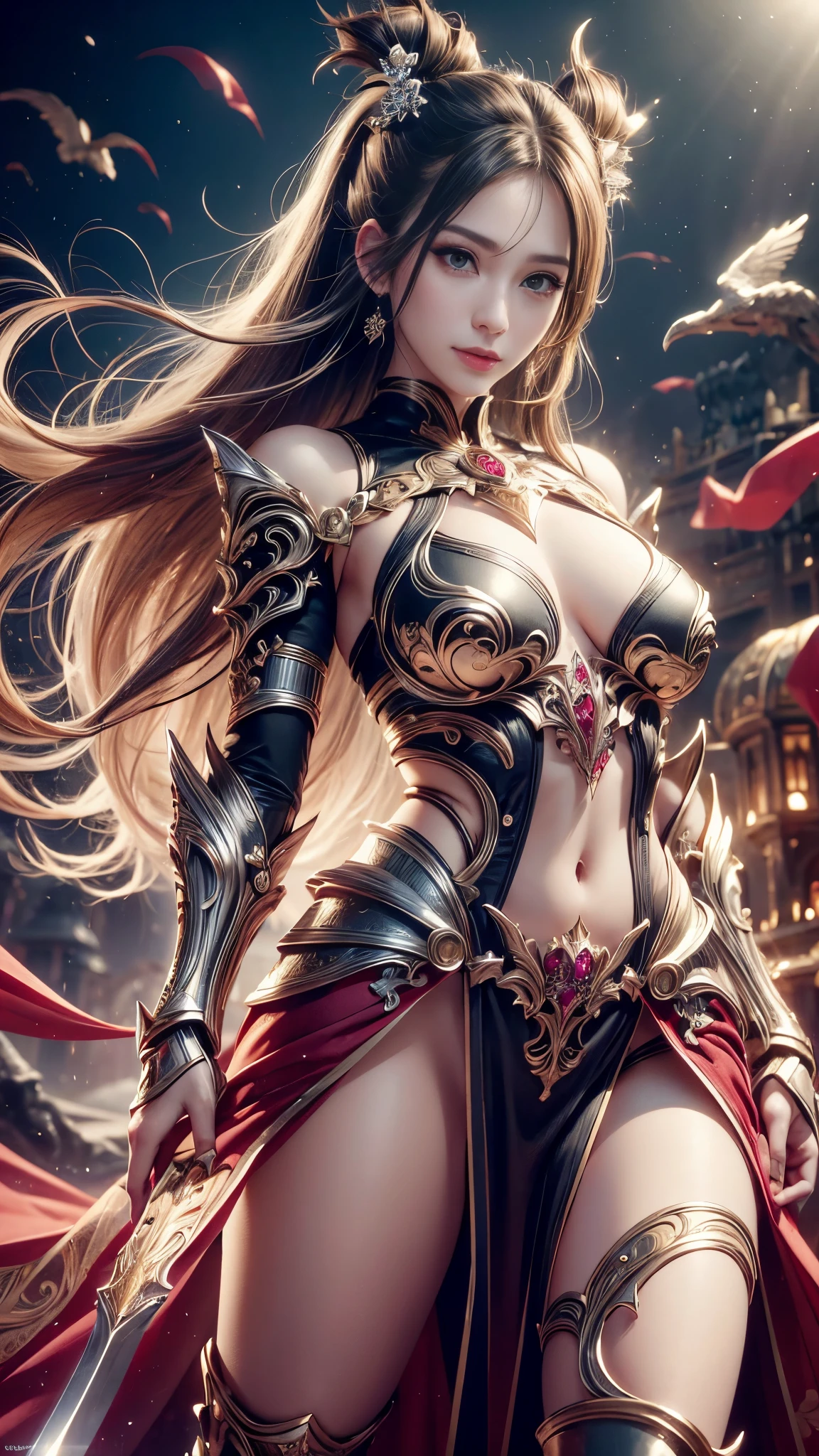 (RAW shooting:1.5, Photoreal:1.5, 8k, highest quality, masterpiece, ultra high resolution), medieval europe, world of magic and swords, perfect dynamic composition, Mysterious:1.3, Highly detailed skin and facial textures:1.3, cute and sexy slim female warrior, beautiful and aesthetic, cute and sexy beauty, perfect style, wear elaborate rings, pose with a sword:1.3, fire, water, Wind, thunder, ice, Fair skin, very beautiful face, (Medium chest, Chest gap), (embarrassing smile, The expression on your face when you feel intense caress, Facial expression when feeling pleasure), (remove metal armor from shoulders、How to wear it correctly), (beautiful blue eyes, Eyes that feel beautiful eros:0.8), (Too erotic:0.9, Bewitching:0.9), full body shot, Ancient castle in the background