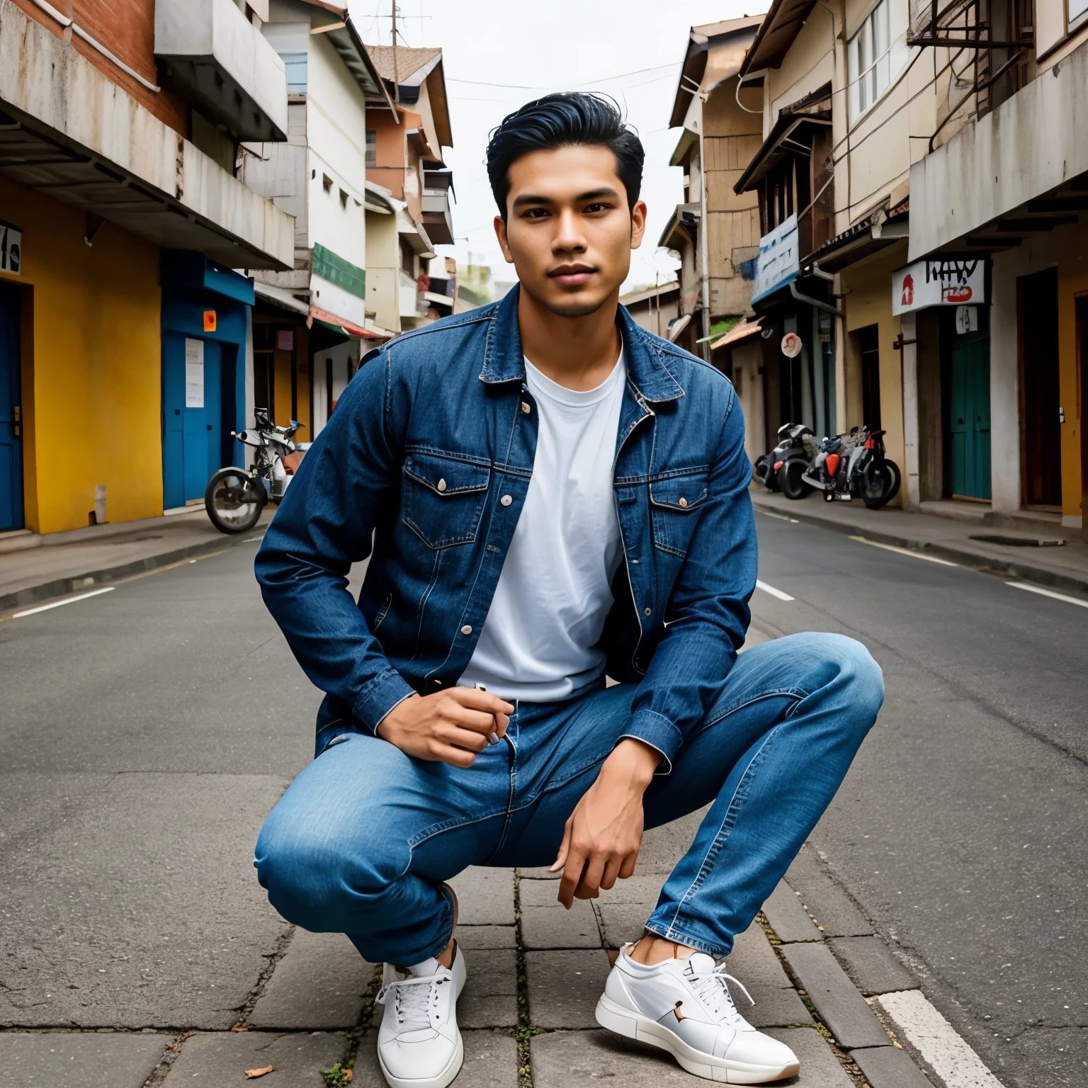 Create Handsome Indonesian man, 26 years old. Olive skin, clean face, tall and proportional body, short wavy black hair, wearing a t-shirt and jacket, blue jeans and sneakers. You bring the scene to life as if it were a snapshot of another world.