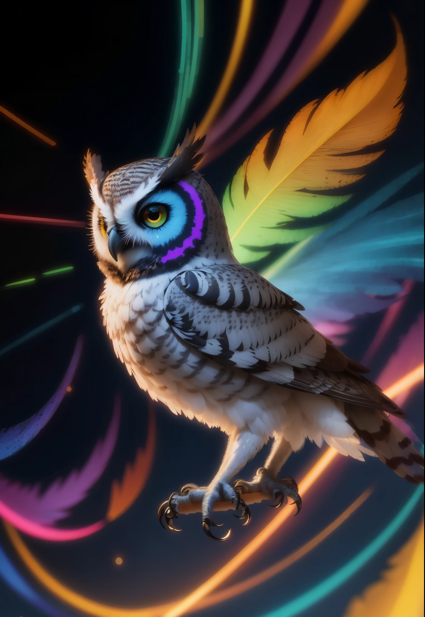 Parte Mestre, melhor qualidade, reflexo extremamente lindo, best reflection. (Muito detalhado CG unidade 8k papel de parede), (melhor qualidade), (Best illustration), (Melhor sombra), a photo of a cyber owl, empoleirado em arame farpado em um beco escuro. Your eyes are neon blue, refletindo as luzes da cidade circundante. Feathers are fragmented and iridescent, and there is wonderful code running through them. The shots used create a deformation effect, giving the impression that an owl is observing the viewer from all angles, com tema florestal com elementos naturais. tall trees, fluxo silencioso, pequenos cogumelos brilhantes rodeados por folhas e ramos delicados, and fireflies and glowing particle effects, (elementos naturais), (Tema Selva), (Borboletas Leaverancheire, (folhas delicadas), (brilhar), (particle effects), Isometric 3D, octane rendering, rastreamento de raios, super detalhado