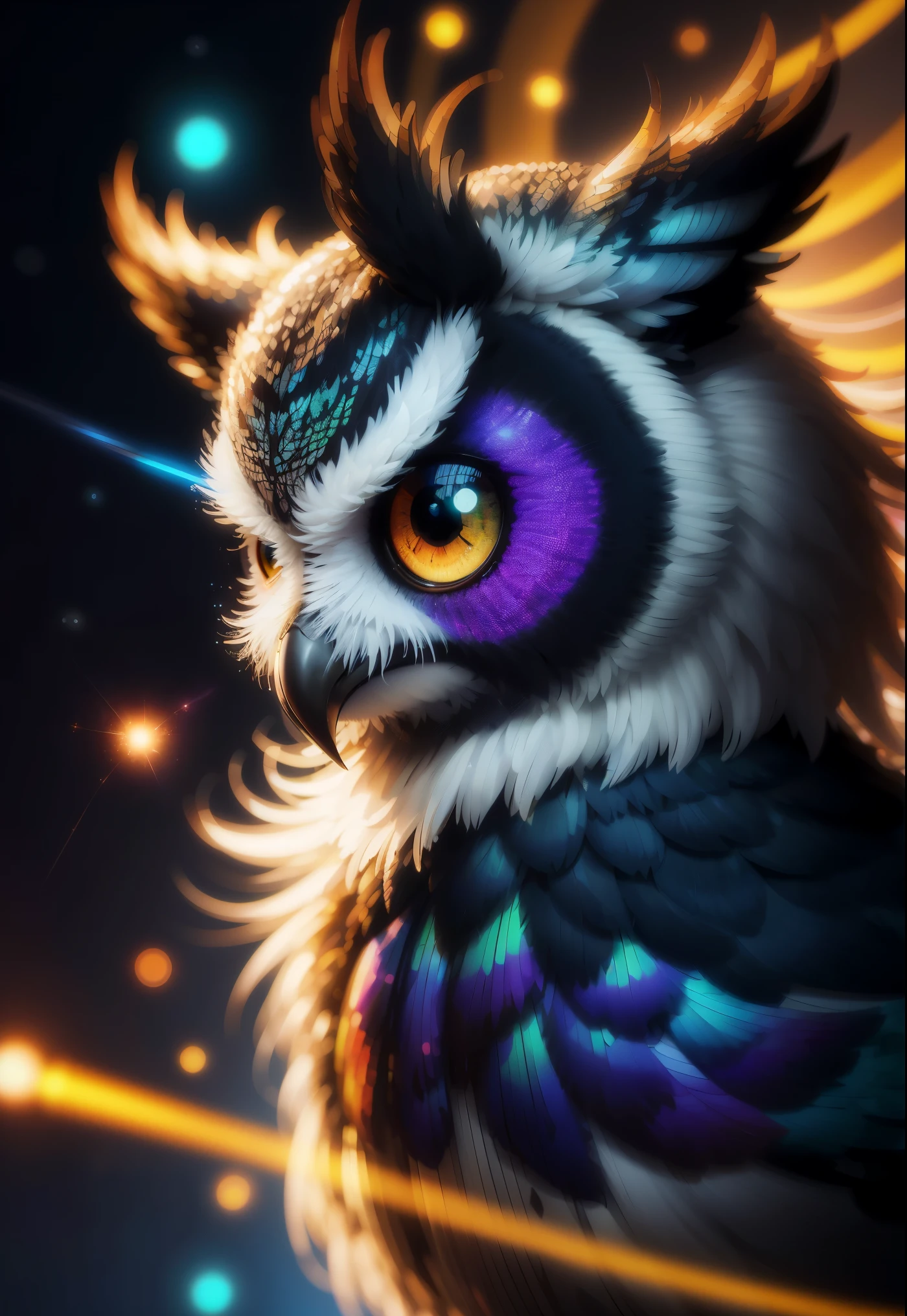 Parte Mestre, melhor qualidade, reflexo extremamente lindo, best reflection. (Muito detalhado CG unidade 8k papel de parede), (melhor qualidade), (Best illustration), (Melhor sombra), a photo of a cyber owl, empoleirado em arame farpado em um beco escuro. Your eyes are neon blue, refletindo as luzes da cidade circundante. Feathers are fragmented and iridescent, and there is wonderful code running through them. The shots used create a deformation effect, giving the impression that an owl is observing the viewer from all angles, com tema florestal com elementos naturais. tall trees, fluxo silencioso, pequenos cogumelos brilhantes rodeados por folhas e ramos delicados, and fireflies and glowing particle effects, (elementos naturais), (Tema Selva), (Borboletas Leaverancheire, (folhas delicadas), (brilhar), (particle effects), Isometric 3D, octane rendering, rastreamento de raios, super detalhado