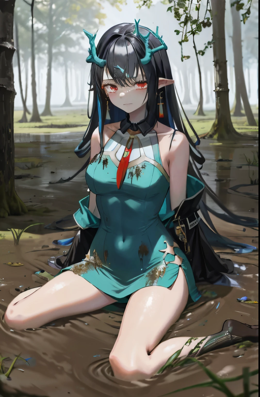 (best quality,ultra-detailed:1.2),1girl,crying,svelte figure,dizzy feeling,collar around her neck,full breasts,wide hips,perfect waistline,the atmosphere is in daytime,exudes an eternal aura,struggling in a muddy swamp,her legs sinking into the mud,a look of despair on her face (despair:1.0),clothes stained with mud.