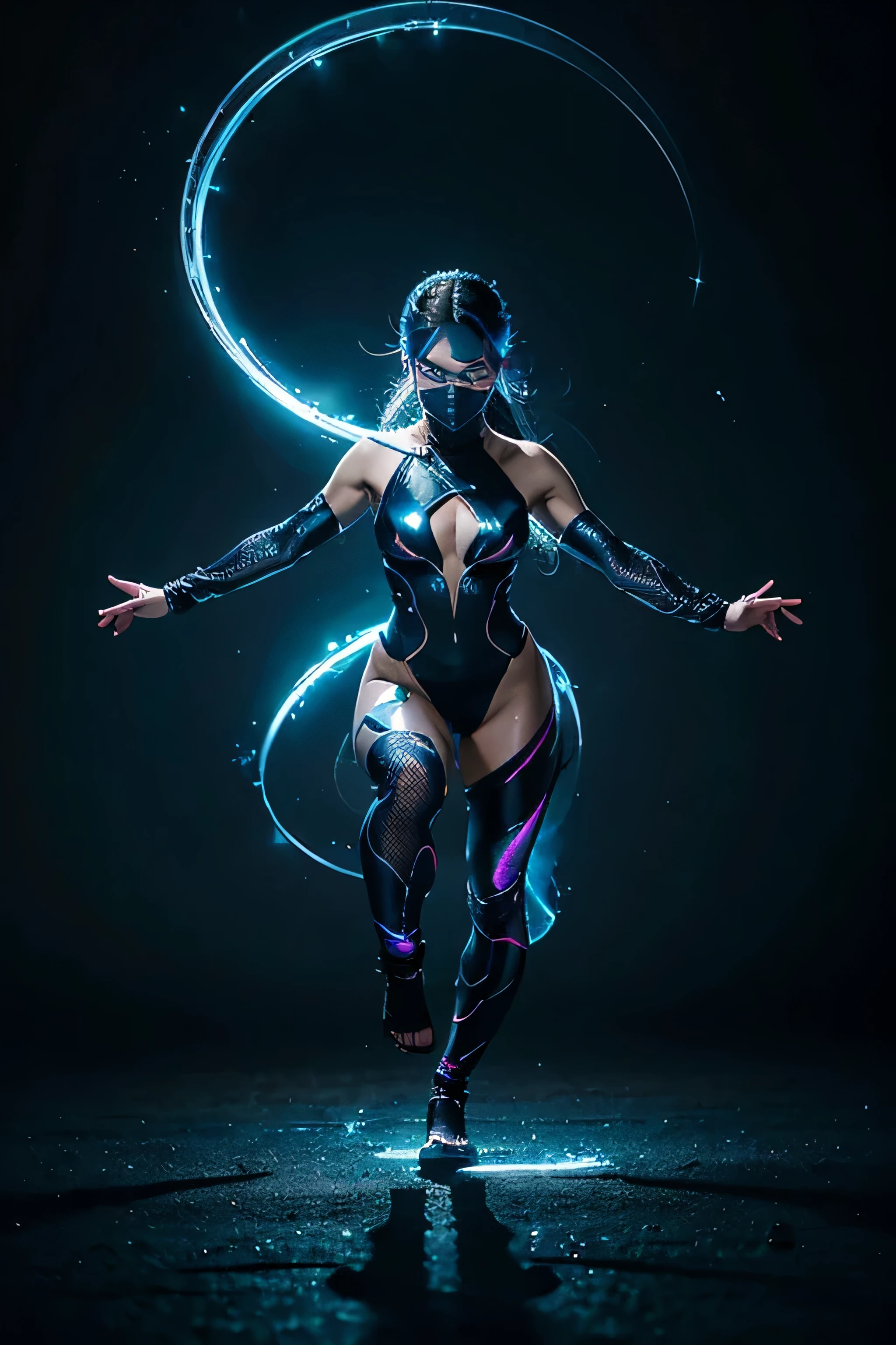 A swiftly moving ninja woman clad in sleek blue transparent night suit, dashing through the darkness, her movements fluid and deadly. Her precision and speed are mesmerizing, every strike calculated to perfection. The scene is expertly captured in a stunning digital painting, showcasing the intricate details of her attire and the intensity of her attack. The image is rich in colors and shadows, evoking a sense of danger and excitement. It brings to life the thrilling world of ninjas with a level of realism that is truly captivating. (((playful body manipulations))), divine proportion, non-douche smile, gaze into the camera, holographic shimmer, whimsical lighting, enchanted ambiance, soft textures, imaginative artwork, ethereal glow, silent Luminescence, whispering Silent, iridescent Encounter, vibrant background, by Skyrn99, full body, (((rule of thirds))), high quality, high detail, high resolution, (bokeh), soft backlight, studio light, long exposure:2