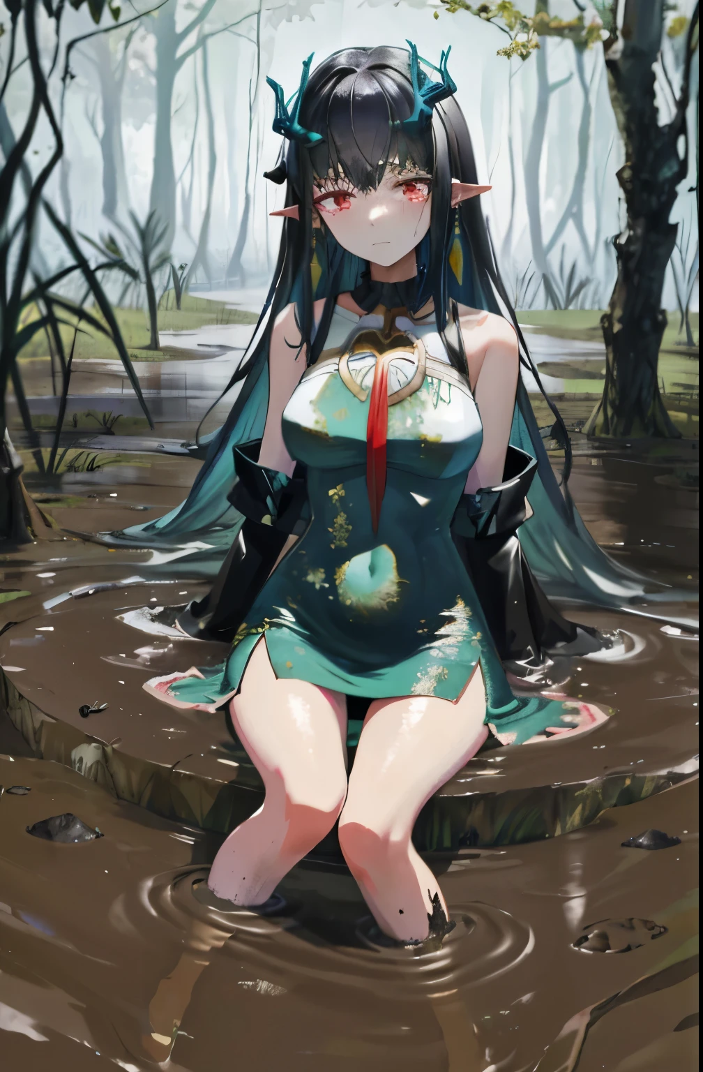 (best quality,ultra-detailed:1.2),1girl,crying,svelte figure,dizzy feeling,collar around her neck,full breasts,wide hips,perfect waistline,the atmosphere is in daytime,exudes an eternal aura,struggling in a muddy swamp,her legs sinking into the mud,a look of despair on her face (despair:1.0),clothes stained with mud.