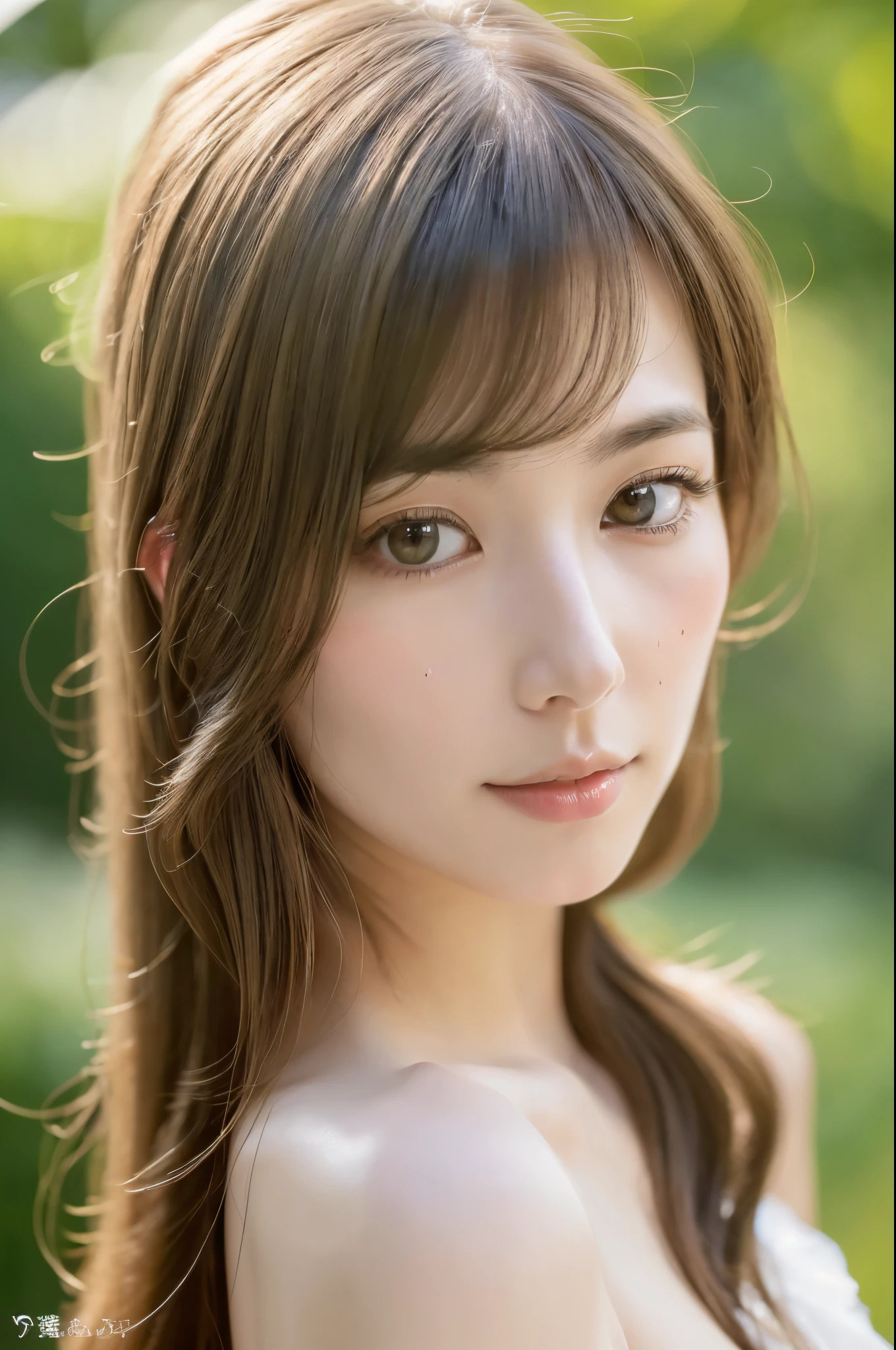 (8k, 4k, best quality, highres:1.2), (masterpiece, realistic, photo realistic:1.37), 1girl, solo, Japanese girl, beautiful face, eyelashes, nose, glossy lips, (detailed eyes, looking at viewer, fair skin, white skin:1.5), rosy complexion, upper body, medium breasts, long green hair