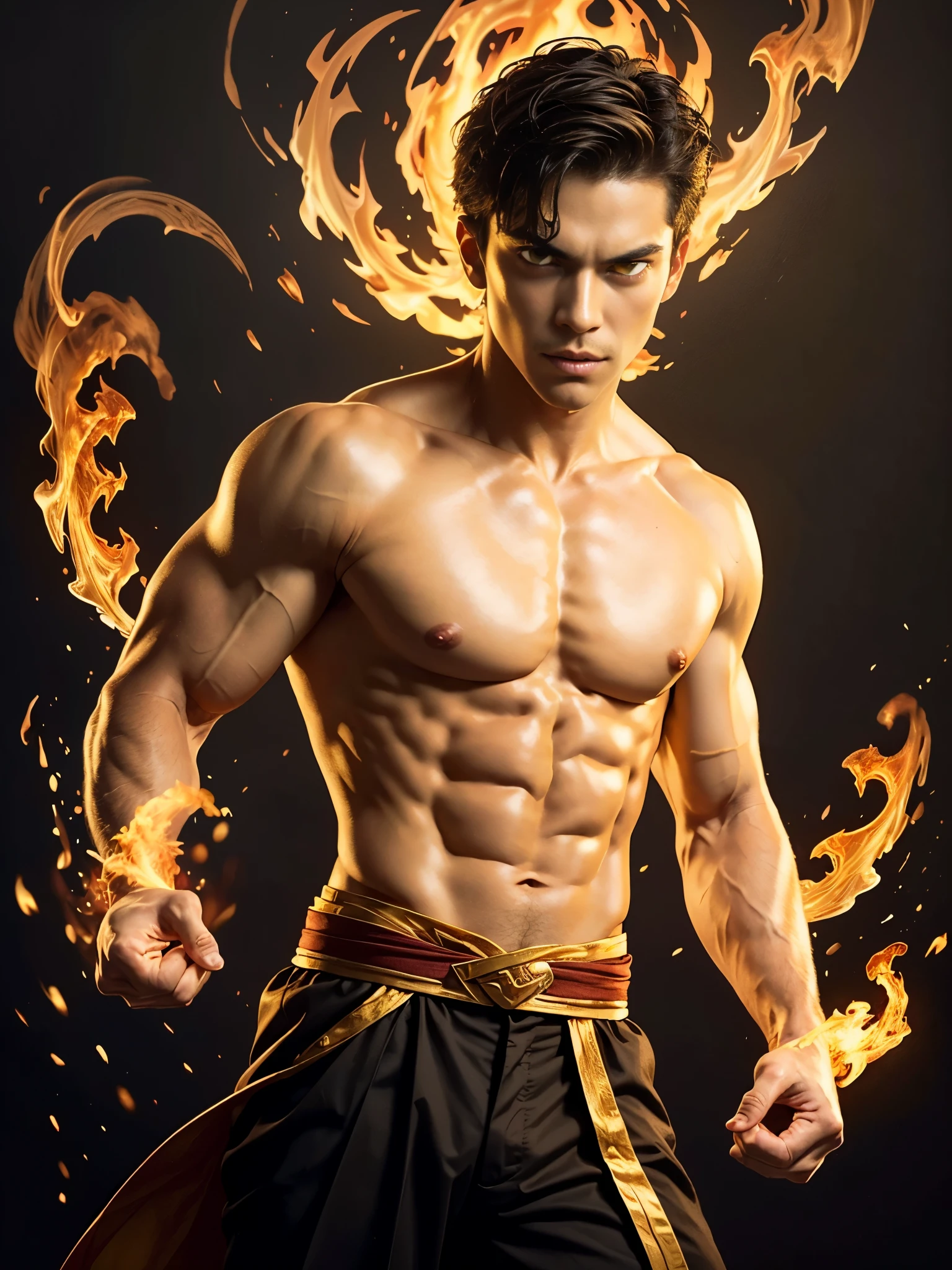 Photorealistic, handsome male model, masculine Asian mix guy, mixed race, (young, 18 year old:1.5), ((best quality)), ((masterpiece)), (detailed), (barechested:1.7) Create an illustrated portrait of young Prince Zuko from "Avatar: The Last Airbender". Illustrate him with a strong square jawline, gaunt cheeks, and skinny face, shirtless, with attention to detail on his eye scar, (golden yellow eyes:1.5), he is a pyromancer, fire bender, with messy hair, and a toned, muscular physique that reflects his training and determination. Capture his expression, reflecting his internal conflict and growth throughout the series. The background should be dark and incorporate bending fire. Utilize dark colors and bold
